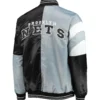 Brooklyn Nets 75th Anniversary Satin Varsity Jacket - Gray & Black Color Block Edition - Image 2