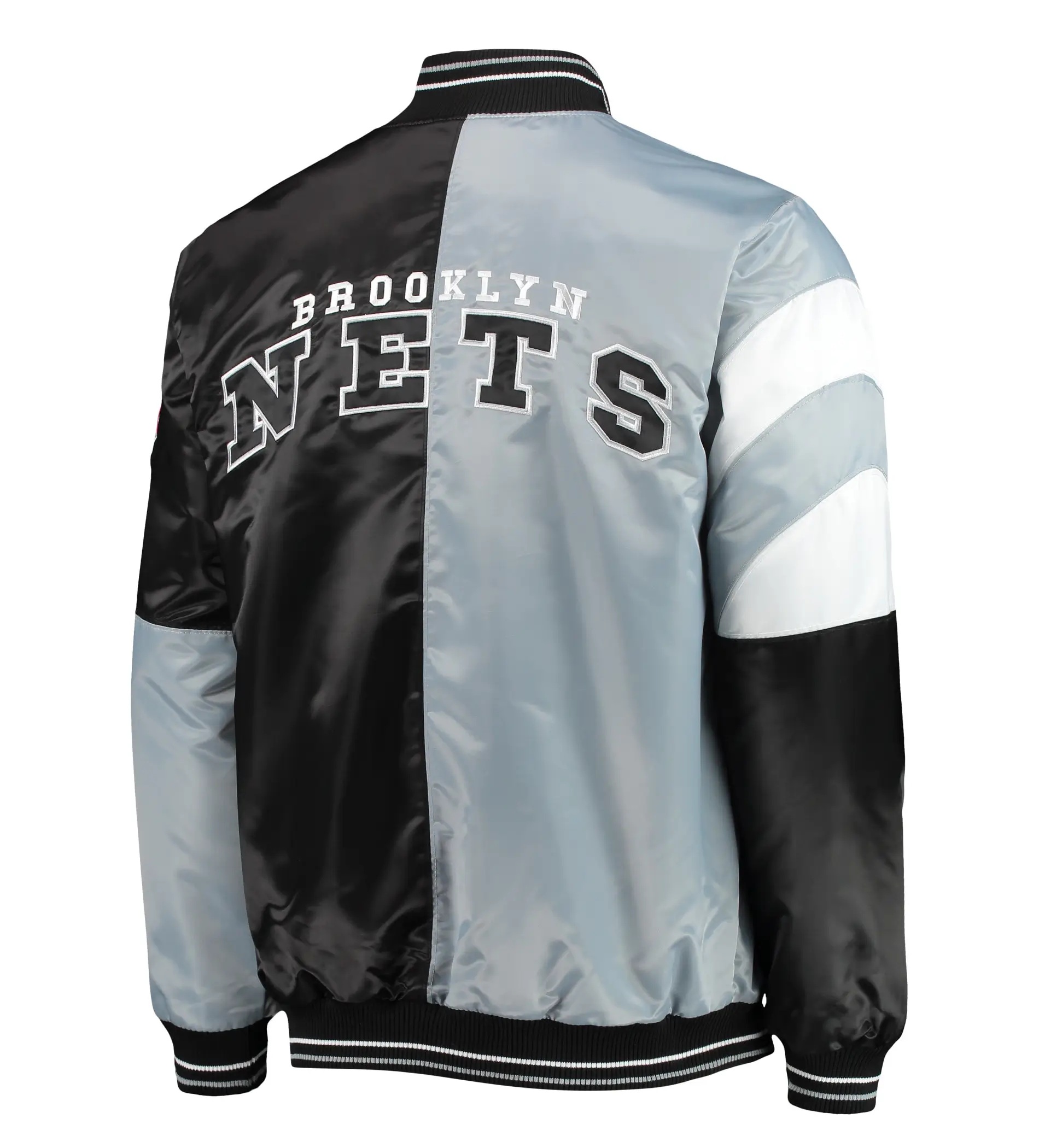 Alternative view of Brooklyn Nets 75th Anniversary Satin Varsity Jacket - Gray & Black Color Block Edition