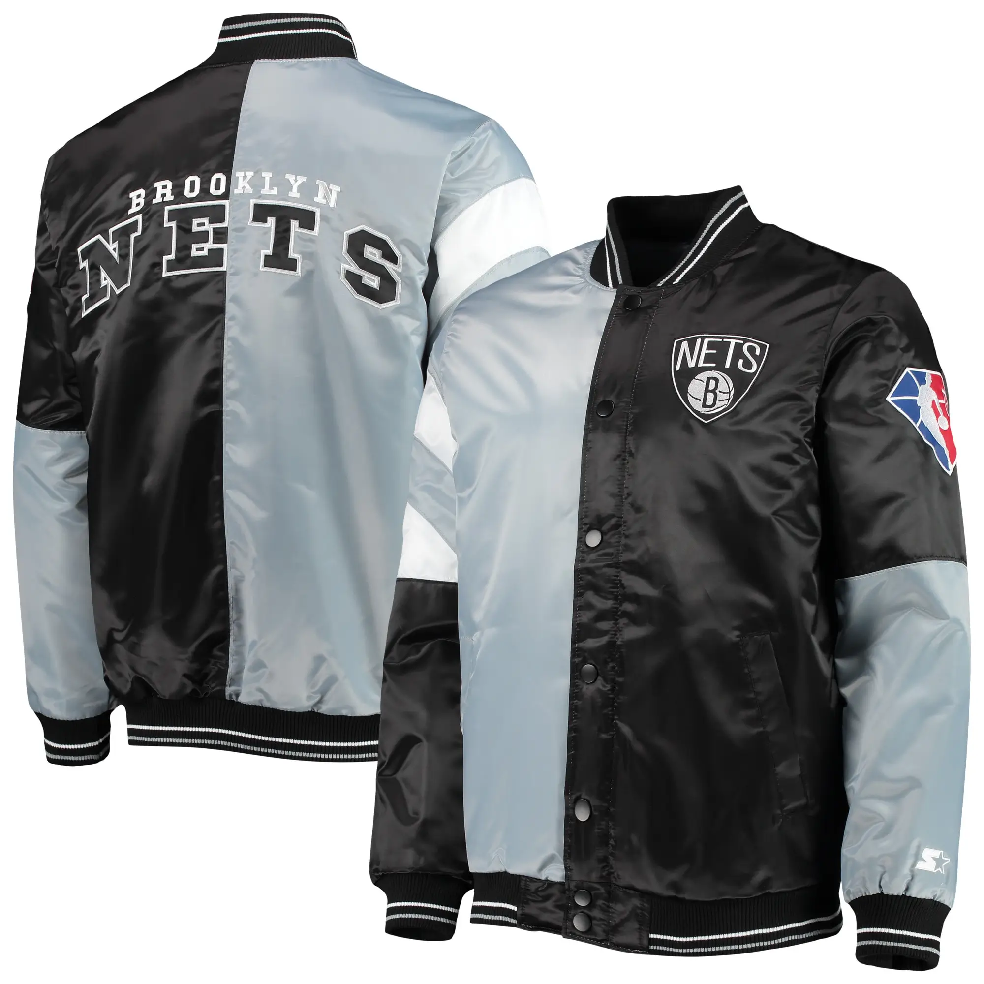 Brooklyn Nets 75th Anniversary Satin Varsity Jacket - Gray & Black Color Block Edition By LeatherMoto (2)