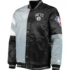 Brooklyn Nets 75th Anniversary Satin Varsity Jacket - Gray & Black Color Block Edition By LeatherMoto (4)