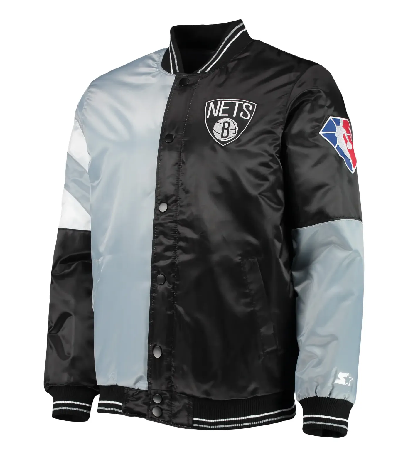 Brooklyn Nets 75th Anniversary Satin Varsity Jacket - Gray & Black Color Block Edition By LeatherMoto (4)