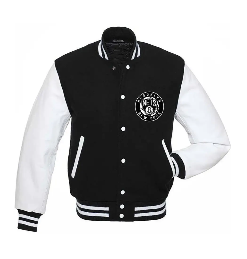 Brooklyn Nets Letterman Wool & Leather Varsity Jacket - Black/White