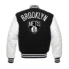 Brooklyn Nets Letterman Wool & Leather Varsity Jacket - Black/White - Image 2