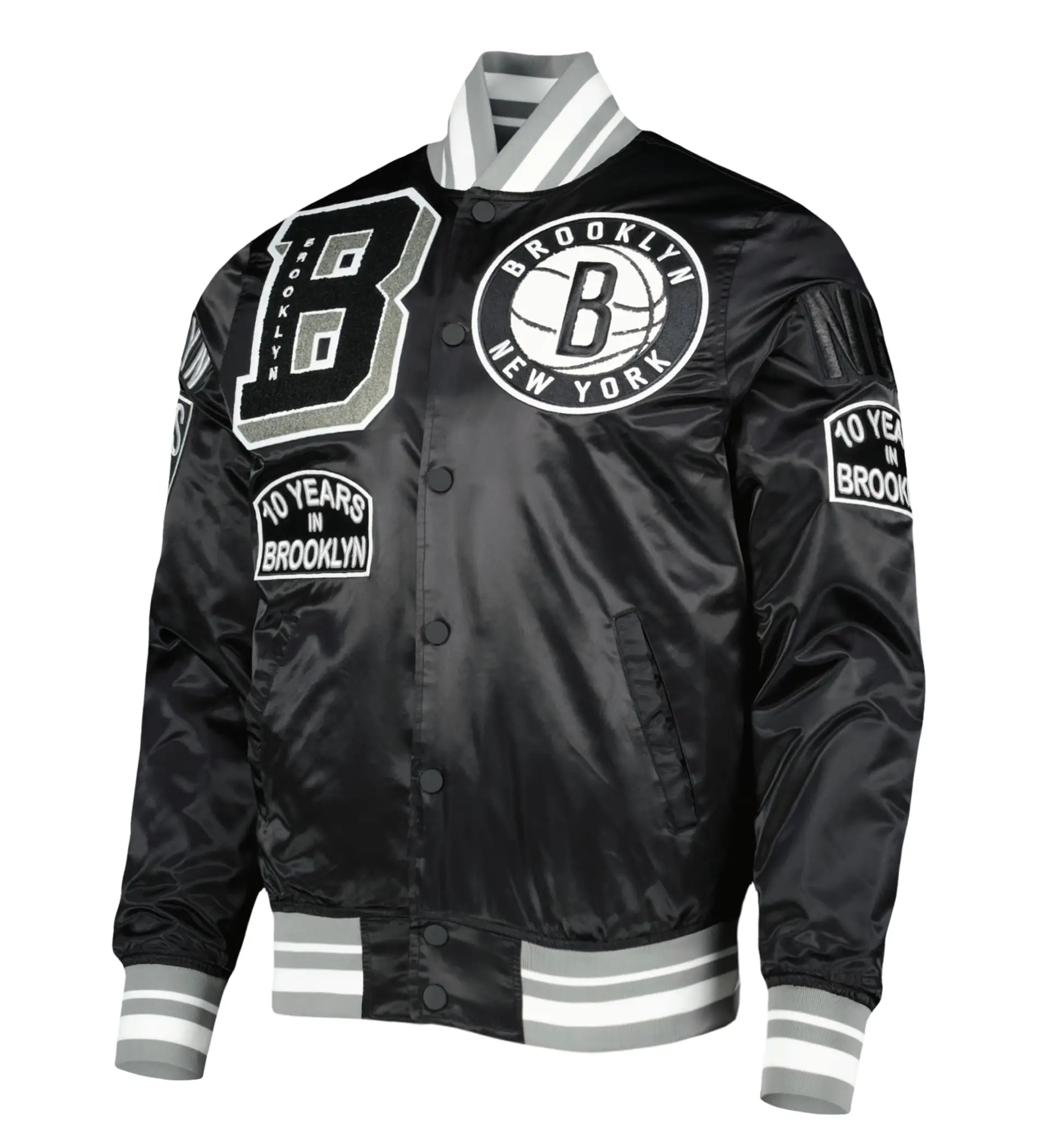 Brooklyn Nets Mash Up Satin Varsity Jacket - Black