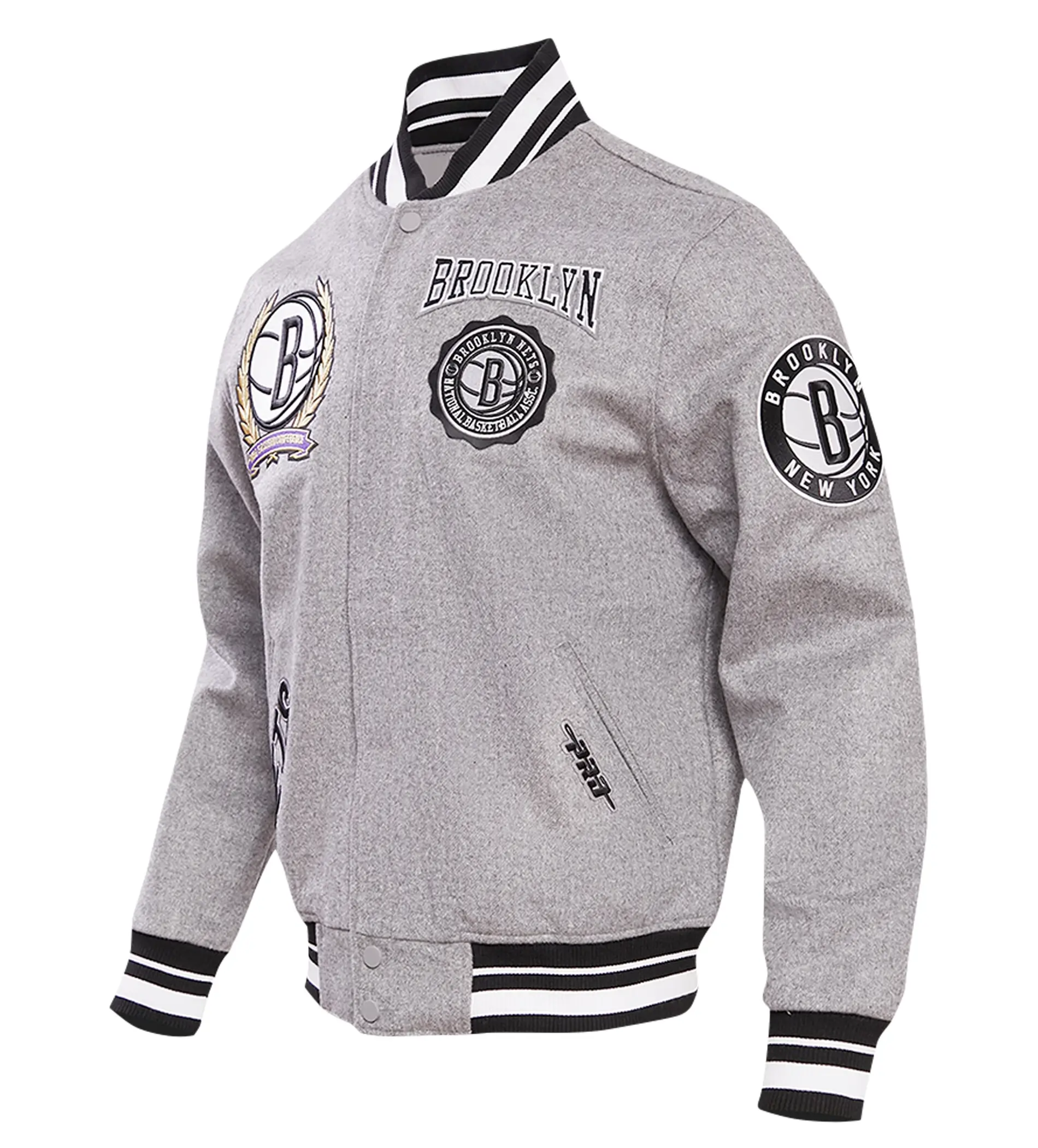 Brooklyn-Nets-Pro-Standard-Heather-Crest-Emblem-Full-Snap-Gray-Varsity-Jacket-LeatherMoto
