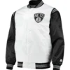 Brooklyn Nets Renegade Satin Varsity Jacket - White & Black Full-Snap LeatherMoto (1)