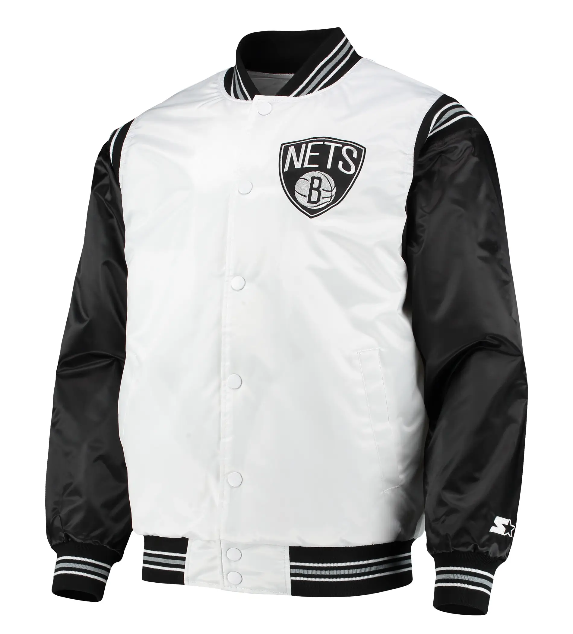 Brooklyn Nets Renegade Satin Varsity Jacket - White & Black Full-Snap LeatherMoto (1)