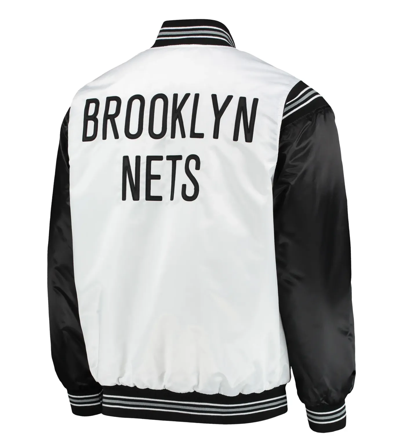 Brooklyn Nets Renegade Satin Varsity Jacket - White & Black Full-Snap LeatherMoto (5)