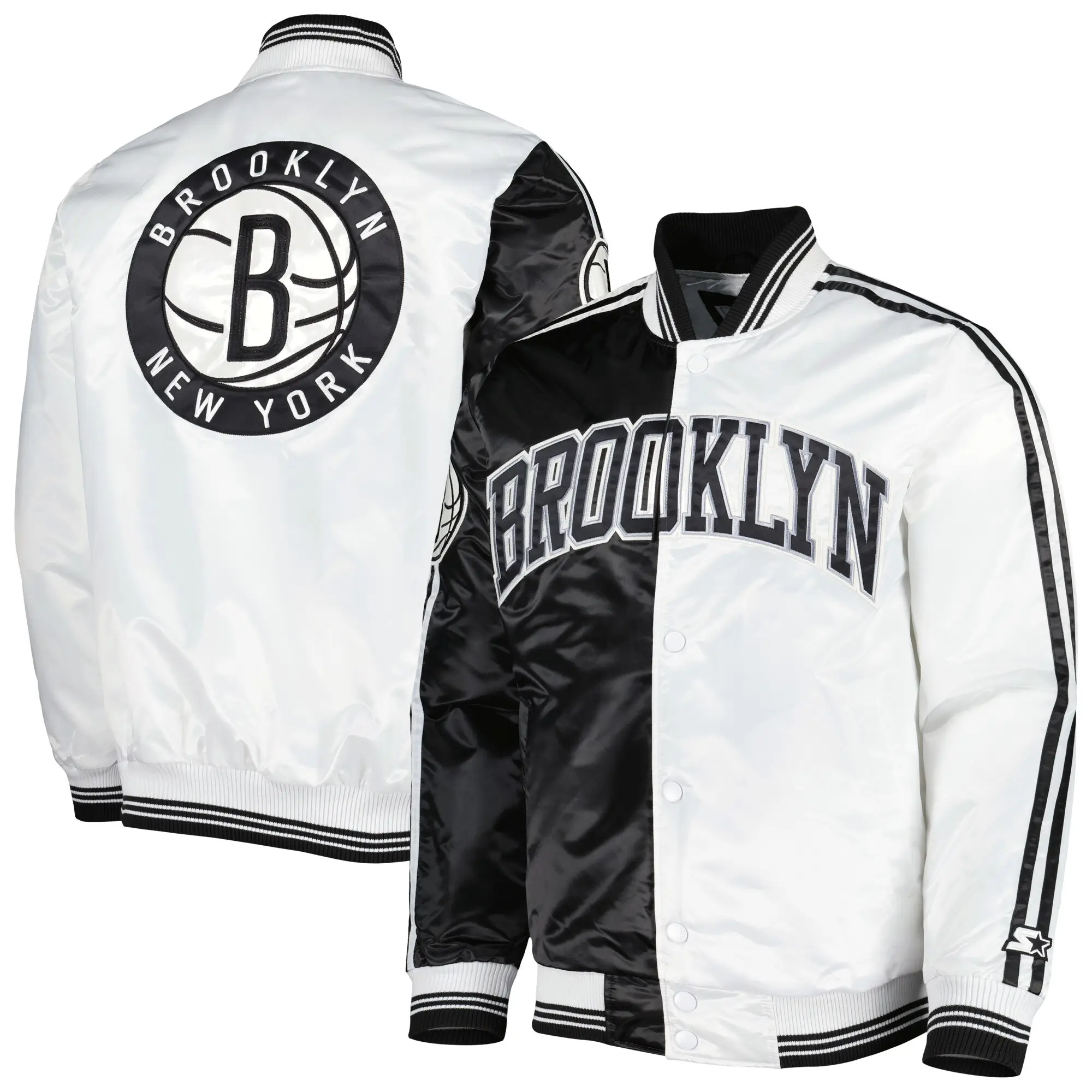 Brooklyn Nets Starter Fast Break Varsity Jacket Satin - Black/White - Image 4