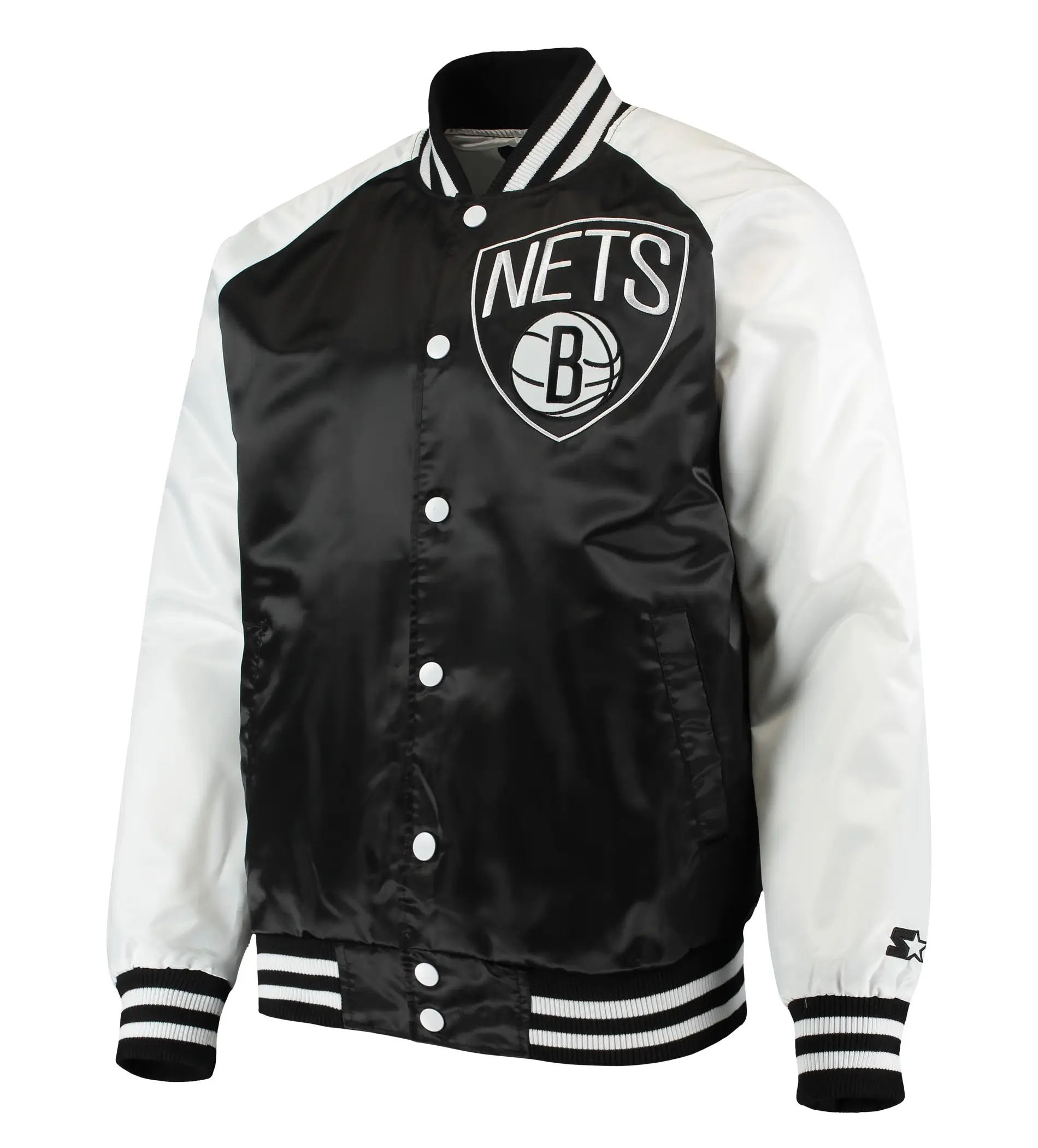 Brooklyn-Nets-Starter-Point-Guard-Full-Snap-Black-White-Satin-Varsity-Jacket-LeatherMoto