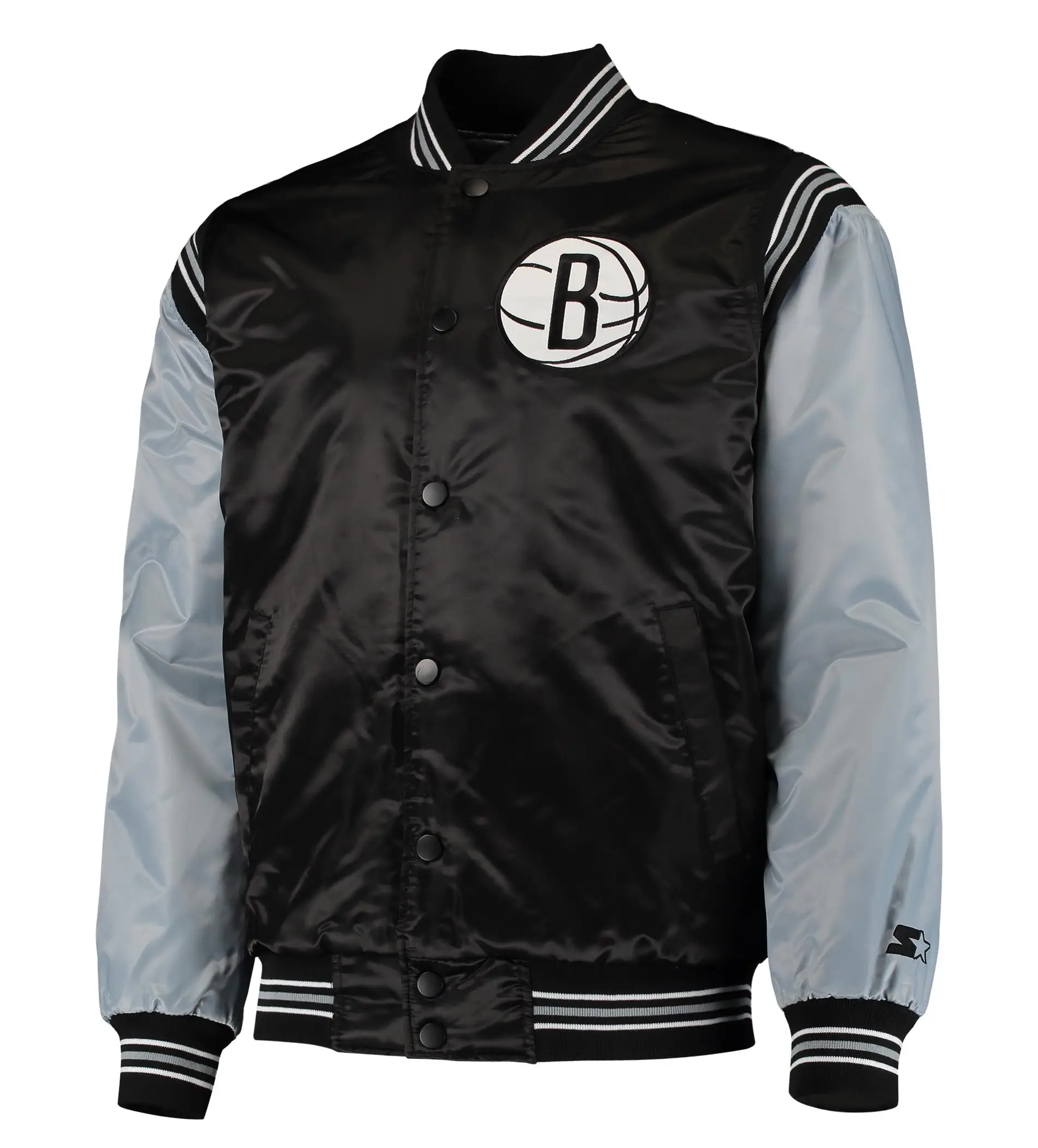 Brooklyn Nets Starter The Enforcer Satin Varsity Jacket - Black/Gray