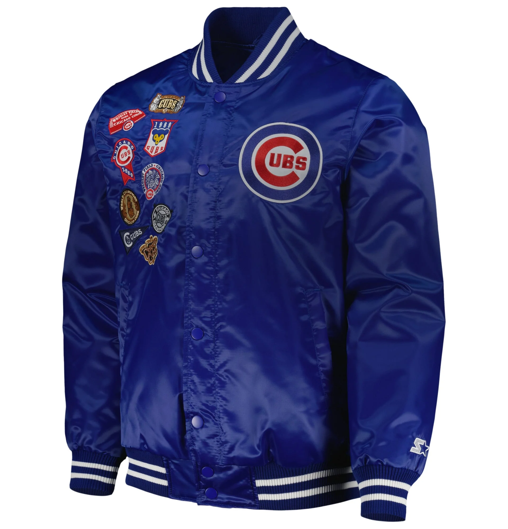 Chicago-Cubs-Starter-Patches-Full-Snap-Satin-Varsity-Blue-Jacket leather moto 1