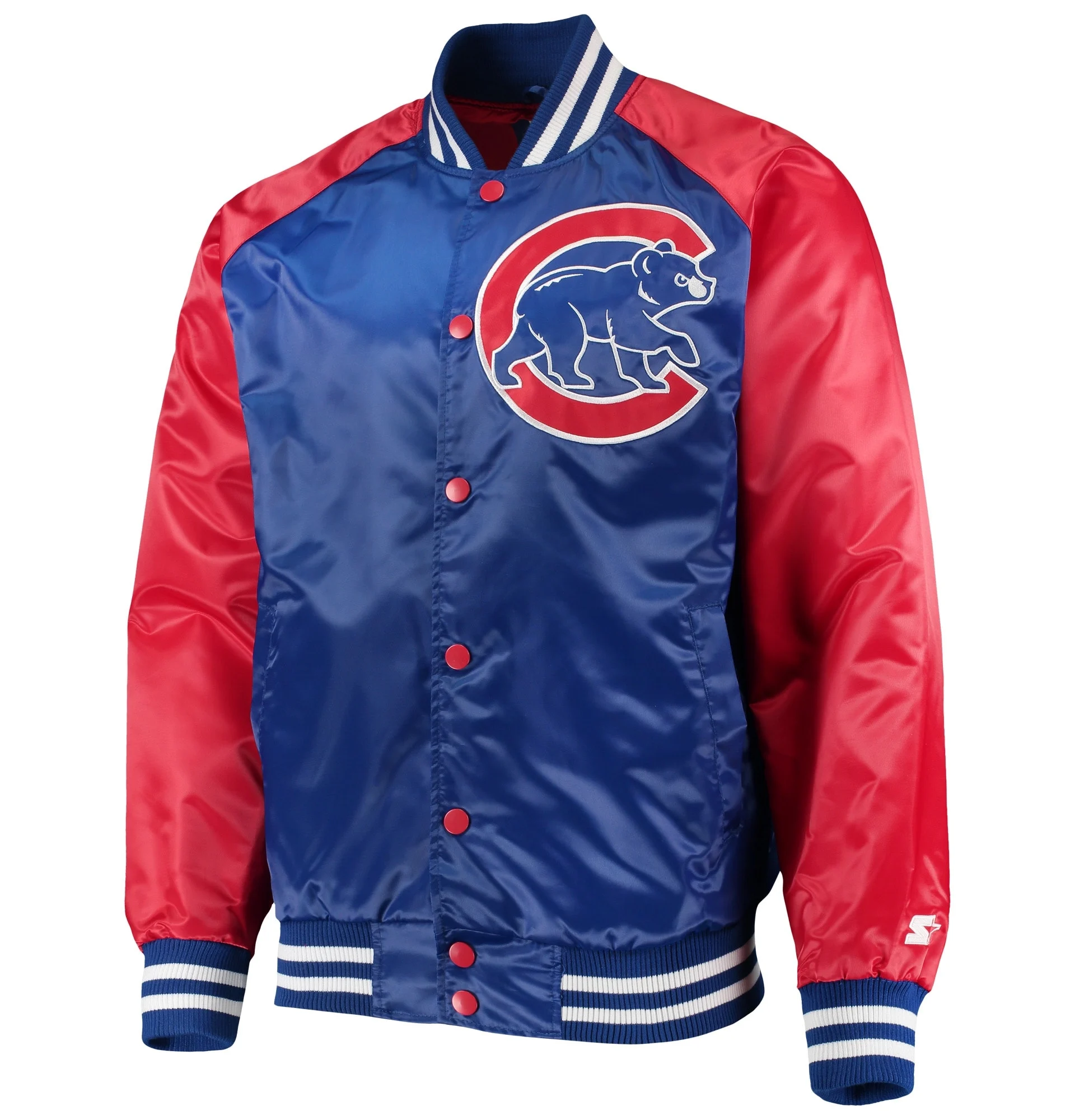 Chicago-Cubs-Starter-The-Lead-Off-Hitter-Full-Snap-Satin-Varsity-Jacket-Royal-Red-leather moto 1