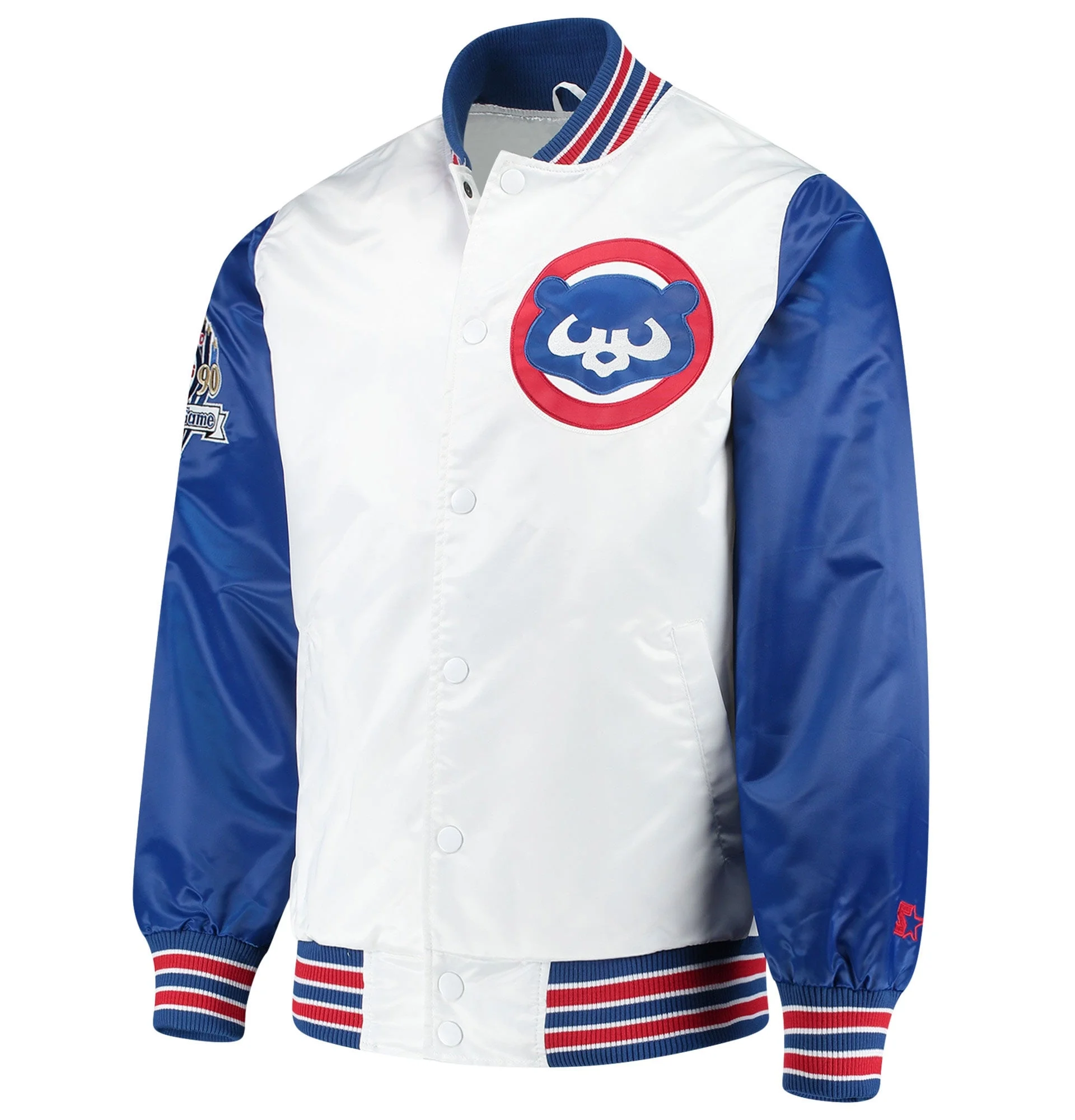 Chicago-Cubs-Starter-The-Legend-Full-Snap-Satin-Varsity-Jacket-White-Blue-leather moto 1