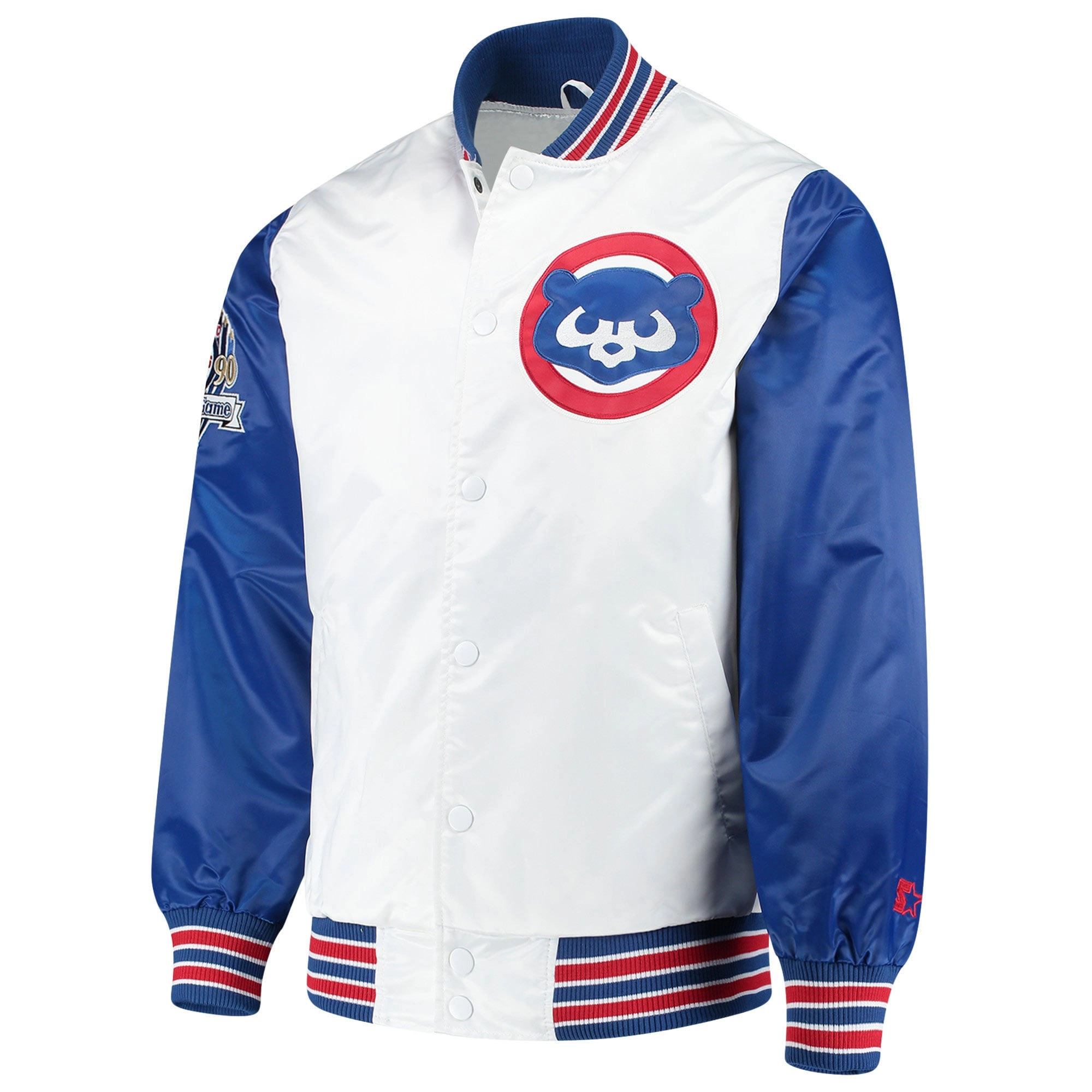 Chicago-Cubs-Starter-The-Legend-Full-Snap-Satin-Varsity-Jacket-White-Blue-leather moto 1