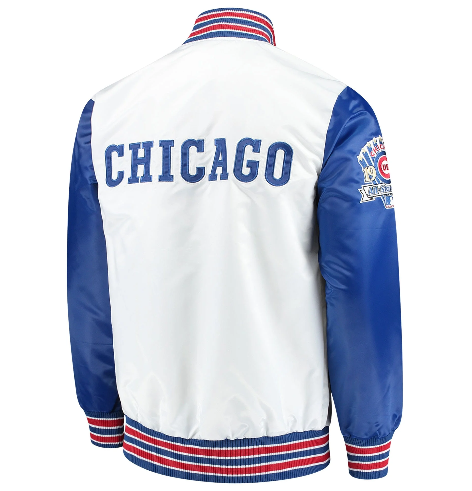Chicago-Cubs-Starter-The-Legend-Full-Snap-Satin-Varsity-Jacket-White-Blue-leather moto 2