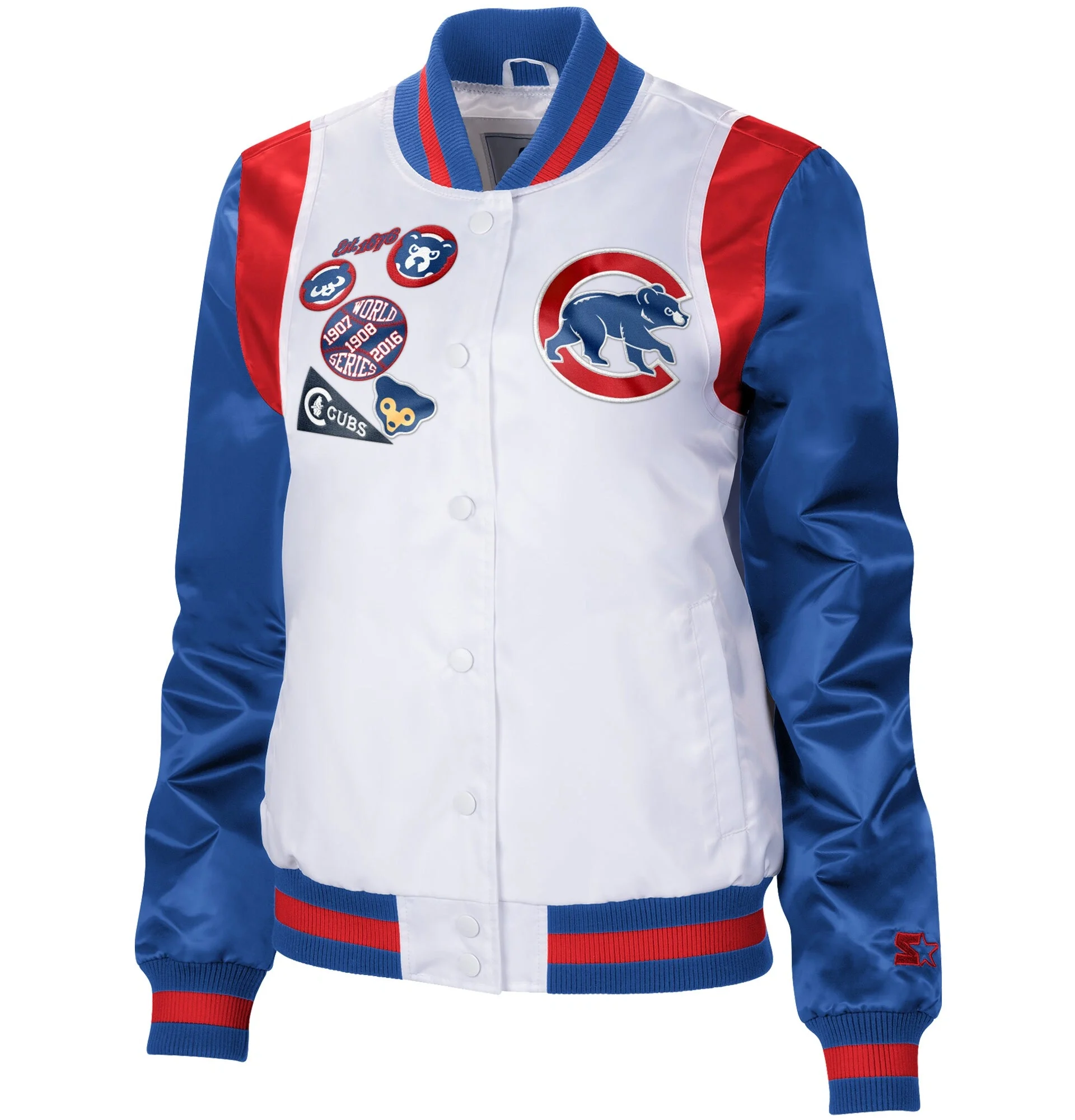 Chicago-Cubs-Starter-Womens-Endzone-Full-Snap-Satin-Varsity-Jacket-leather moto 1