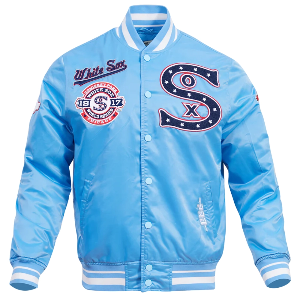 Chicago-White-Sox-Pro-Standard-Retro-Classic-Satin-Varsity-Blue-Jacket leather moto 1