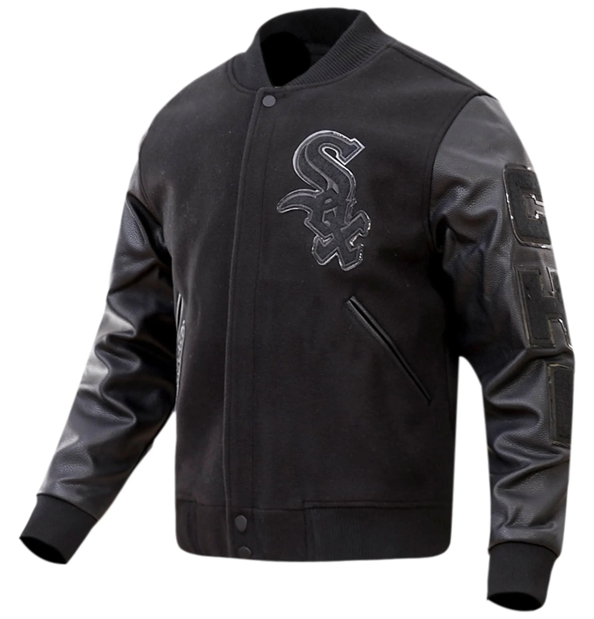Chicago-White-Sox-Pro-Standard-Triple-Black-Varsity-Jacket-leather moto 1