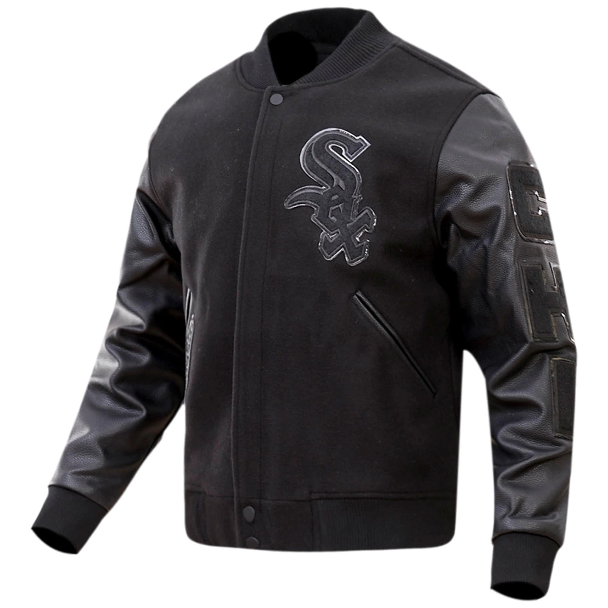 Chicago-White-Sox-Pro-Standard-Triple-Black-Varsity-Jacket-leather moto 1