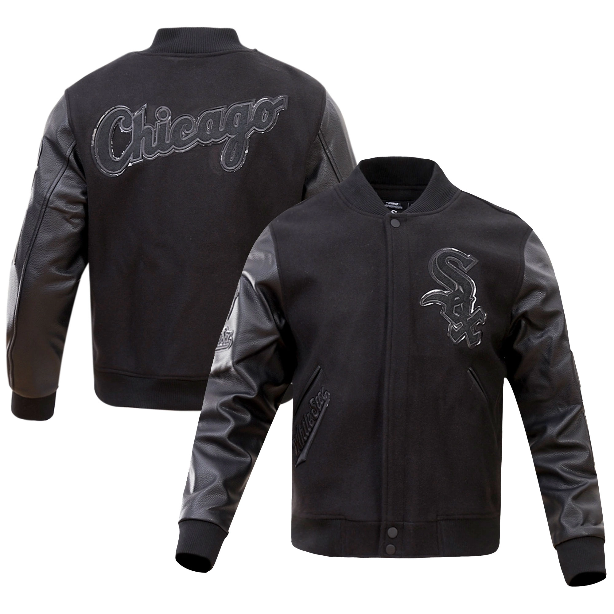 Chicago-White-Sox-Pro-Standard-Triple-Black-Varsity-Jacket-leather moto 3