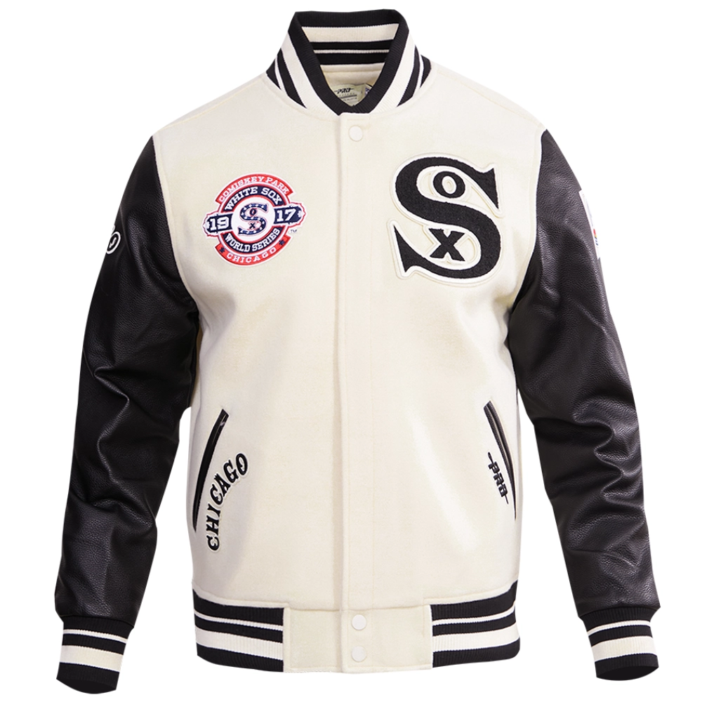 Chicago-White-Sox-Retro-Classic-Rib-Knitted-White-Black-Varsity-Jacket-leather moto 1
