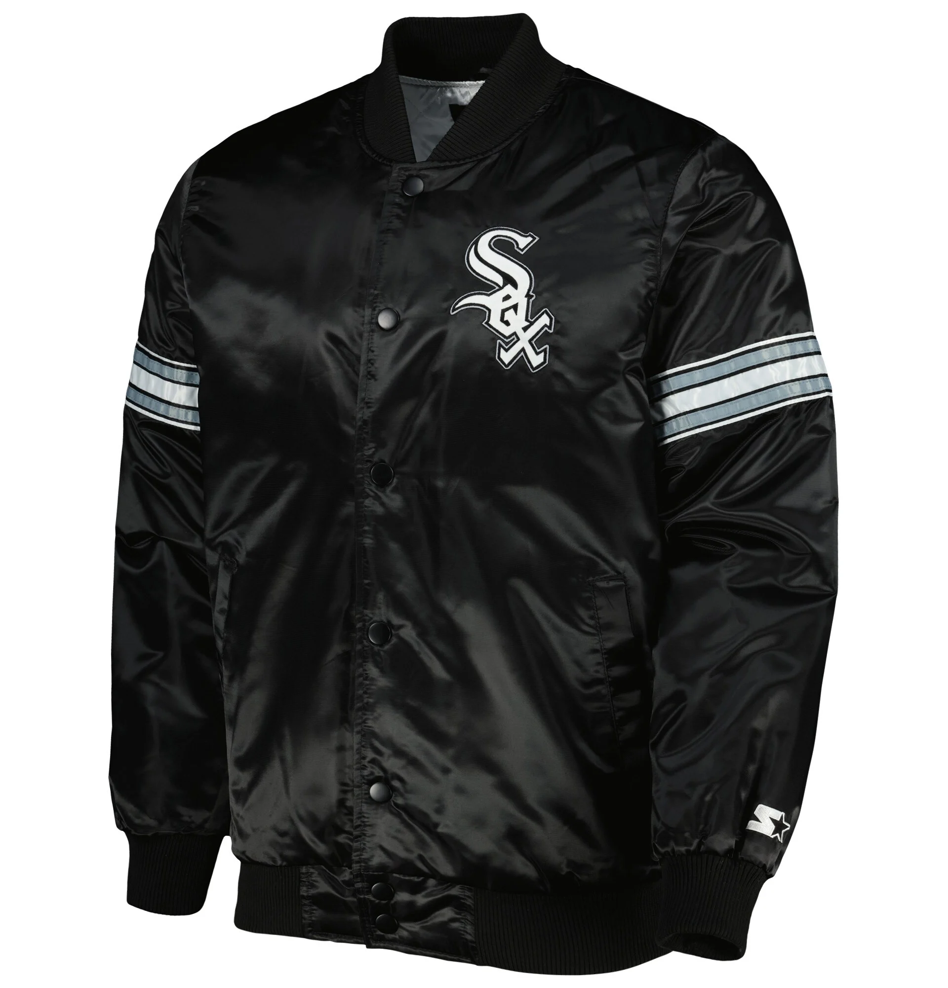 Chicago-White-Sox-Starter-Pick-Roll-Full-Snap-Satin-Varsity-Jacket-leather moto 1