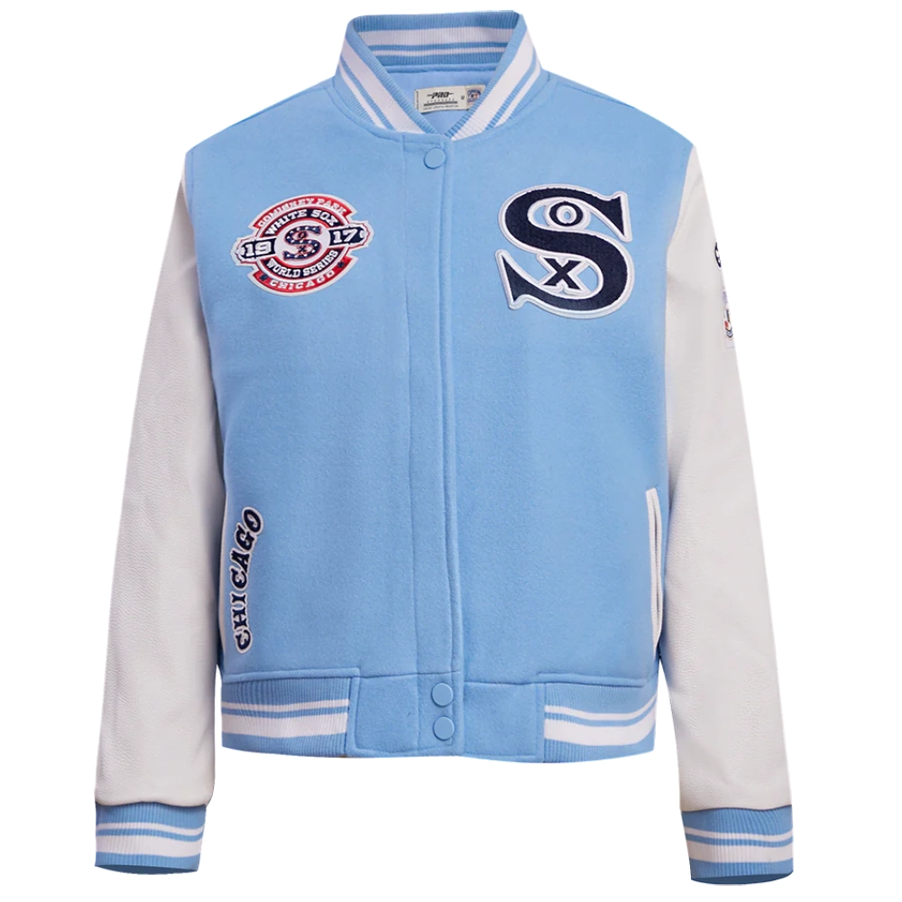 Chicago-White-Sox-Womens-Full-Snap-Satin-Varsity-Jacket-leather moto 1