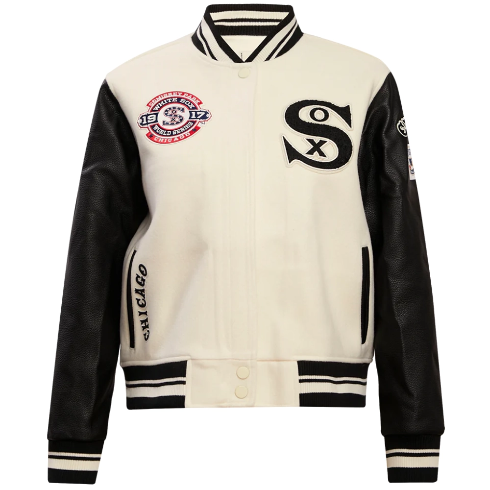 Chicago-White-Sox-Womens-White_Black-Rib-Knitted-Varsity-Jacket-leather moto 1