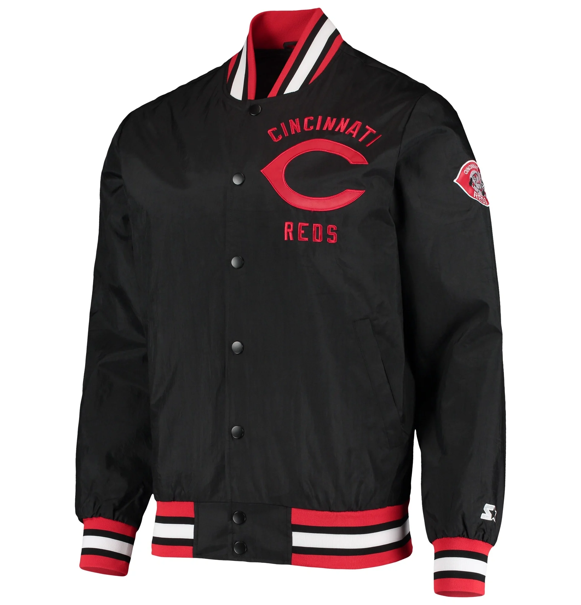 Cincinnati-Reds-Starter-The-Jet-III-Full-Snap-Satin-Varsity-Black-Jacket-leather moto 1