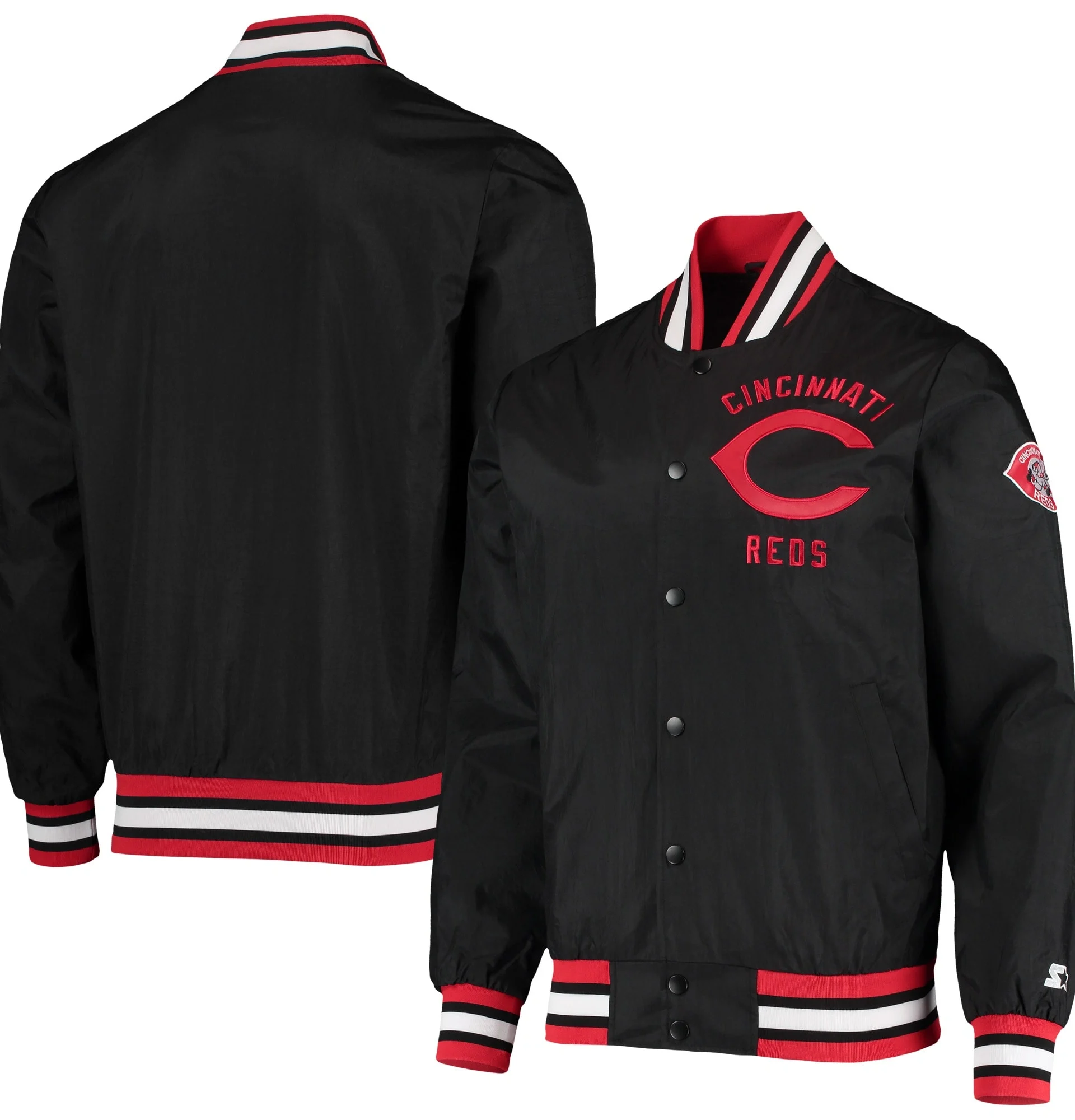Cincinnati-Reds-Starter-The-Jet-III-Full-Snap-Satin-Varsity-Black-Jacket leather moto 3