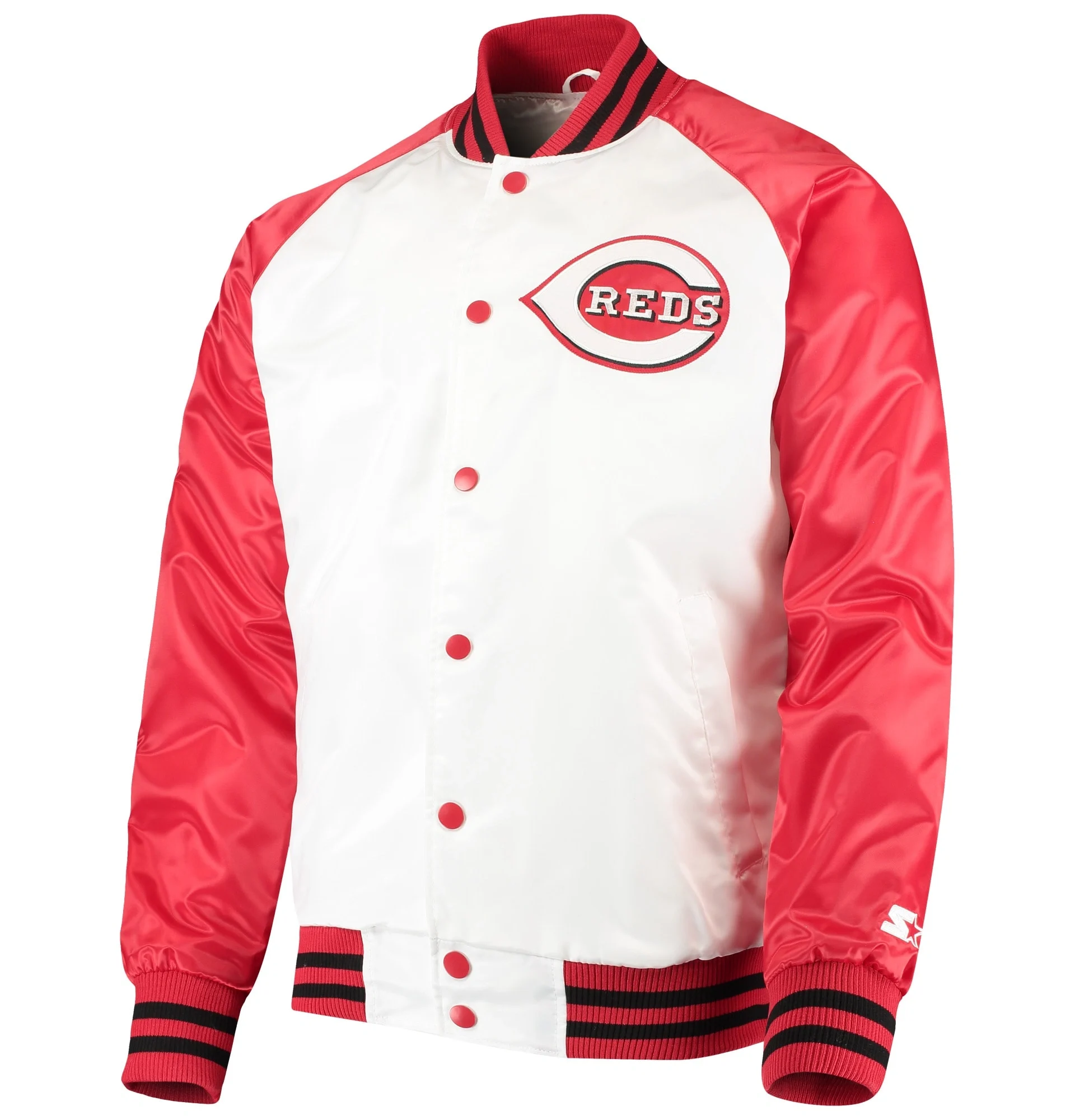 Cincinnati-Reds-Starter-White-Red-Clean-Up-Hitter-Full-Snap-Satin-Varsity-Jacket-leather moto 1