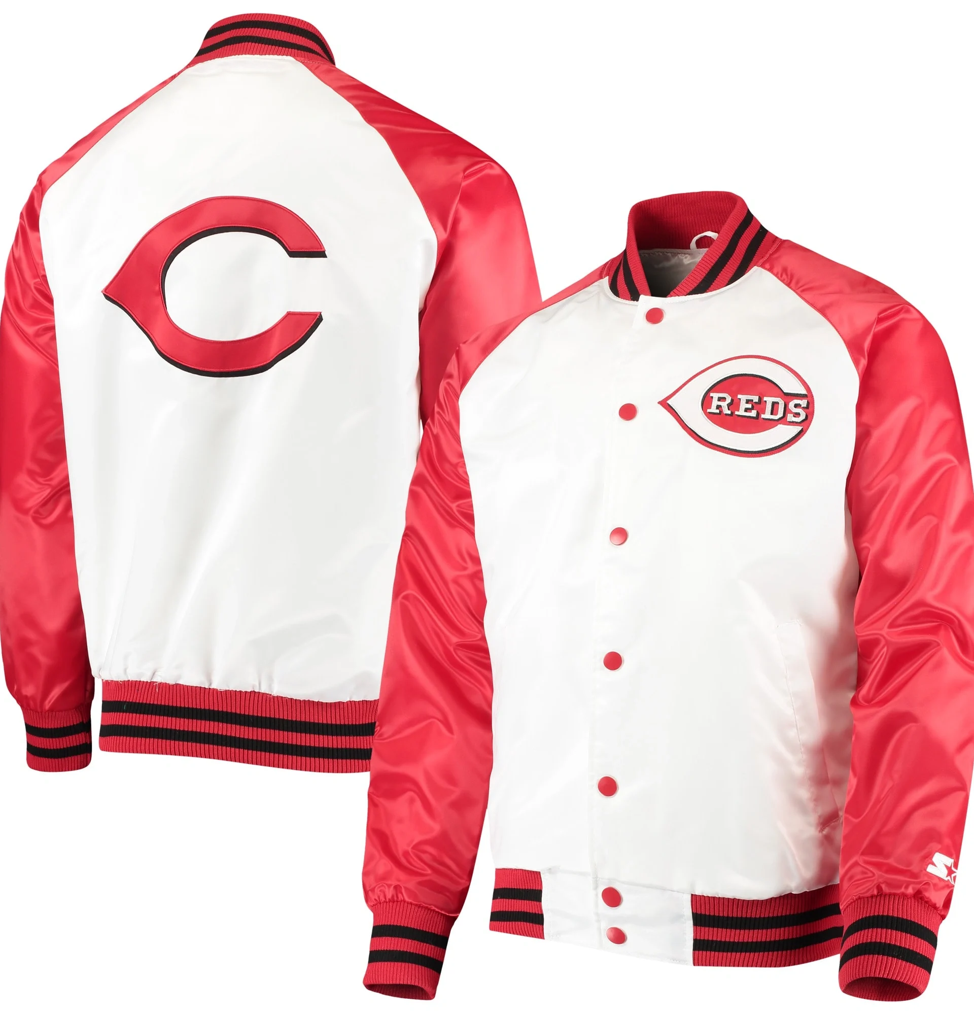 Cincinnati-Reds-Starter-White-Red-Clean-Up-Hitter-Full-Snap-Satin-Varsity-Jacket-leather moto 5