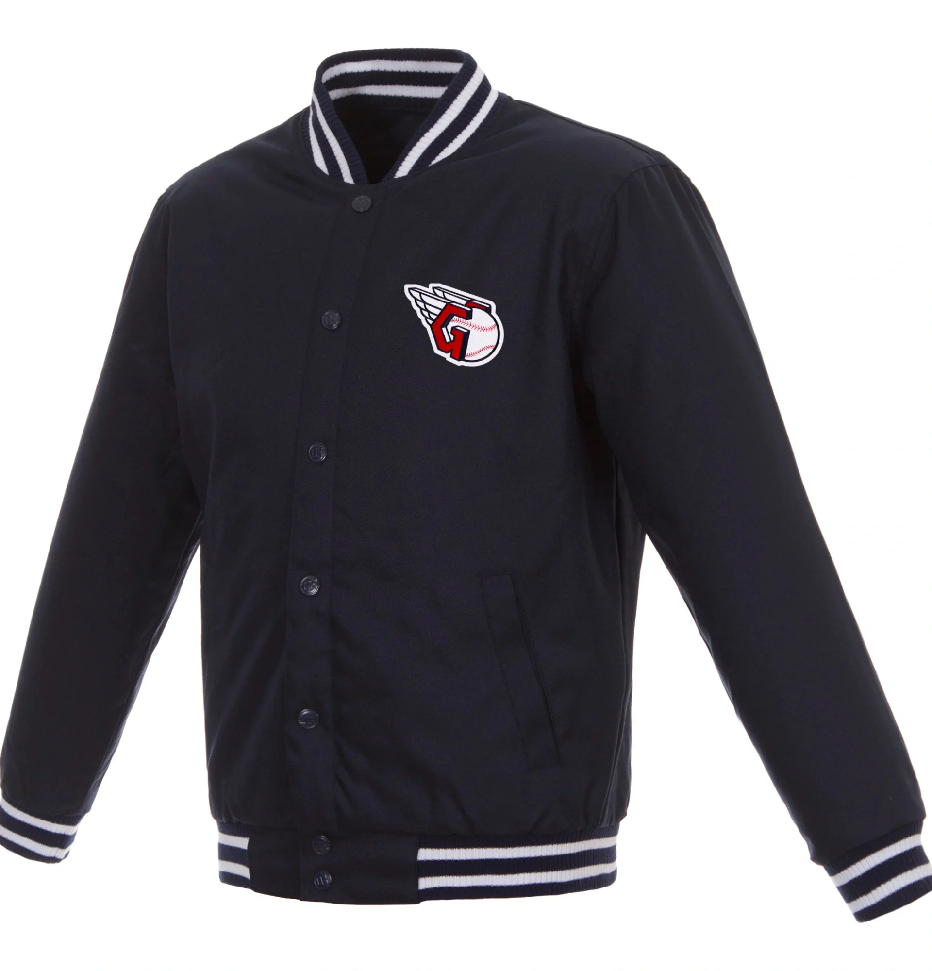 Cleveland-Guardians-Poly-Twill-Two-Tone-Varsity-Navy-Jacket- LEATHER MOTO 1