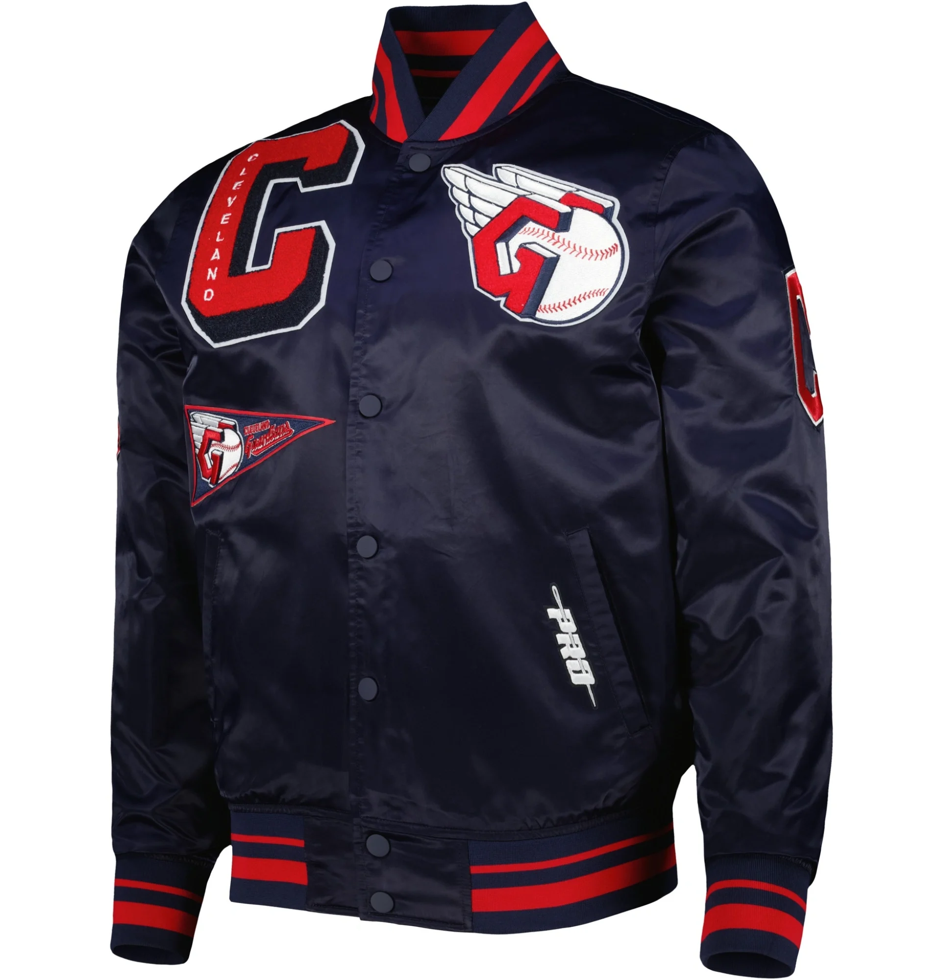 Cleveland-Guardians-Pro-Standard-Full-Snap-Satin-Varsity-Navy-Jacket-LEATHER MOTO 1