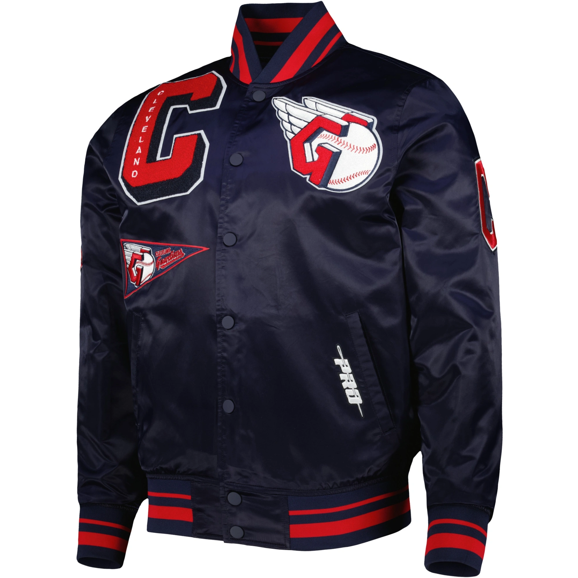 Cleveland-Guardians-Pro-Standard-Full-Snap-Satin-Varsity-Navy-Jacket-LEATHER MOTO 1