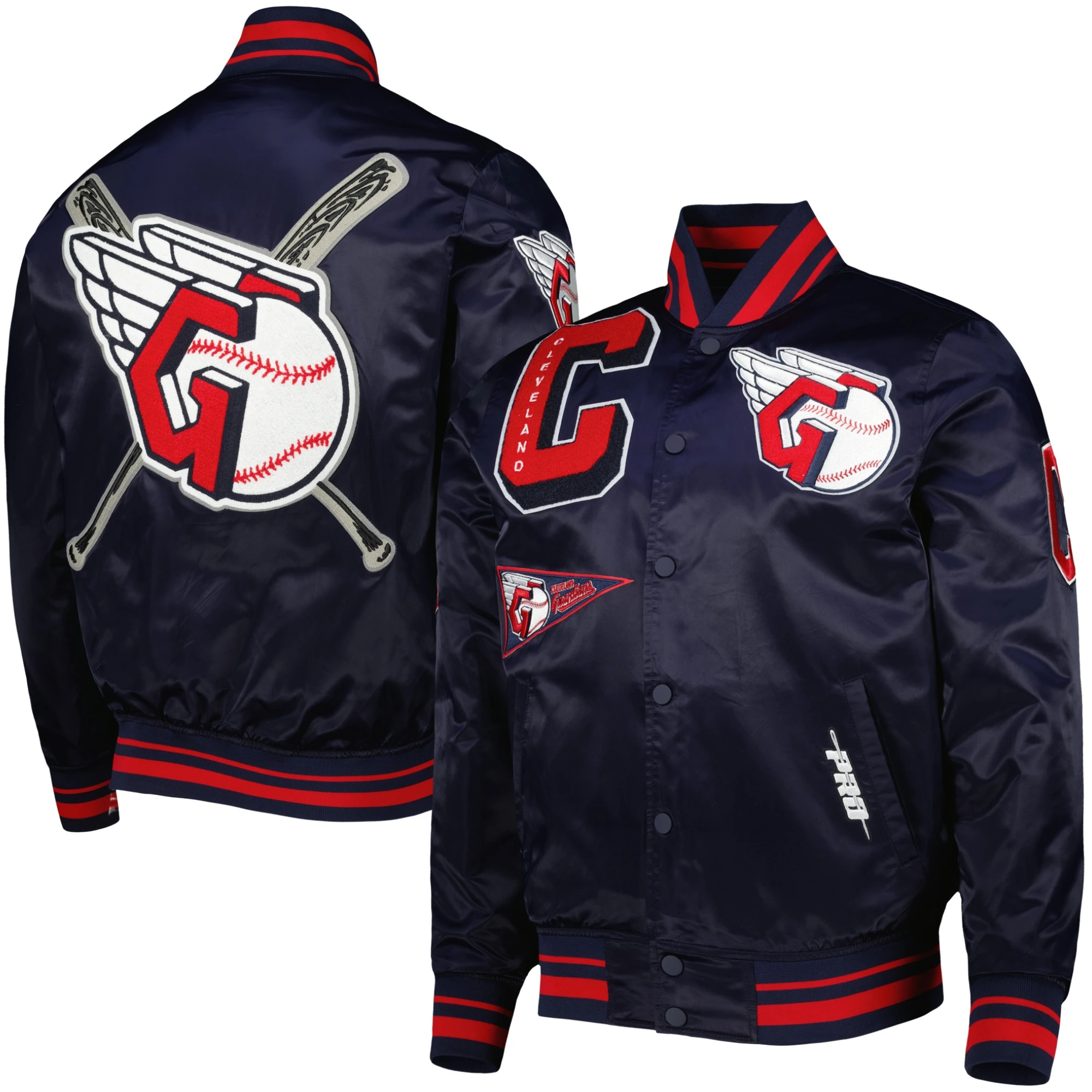 Cleveland-Guardians-Pro-Standard-Full-Snap-Satin-Varsity-Navy-Jacket-LEATHER MOTO 3
