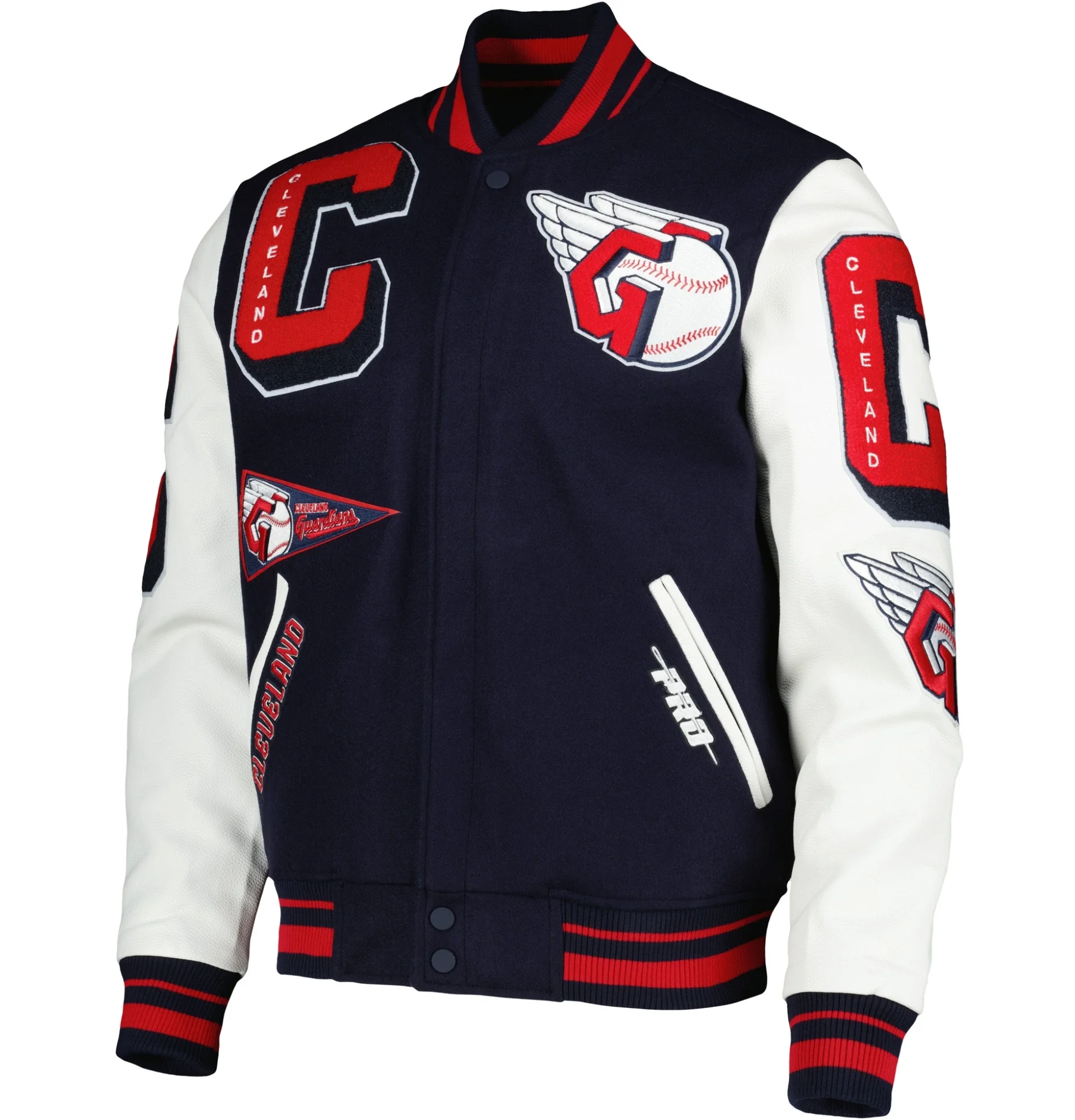 Cleveland-Guardians-Pro-Standard-Wool-Leather-Varsity-Jacket-Navy-White-leather moto 1