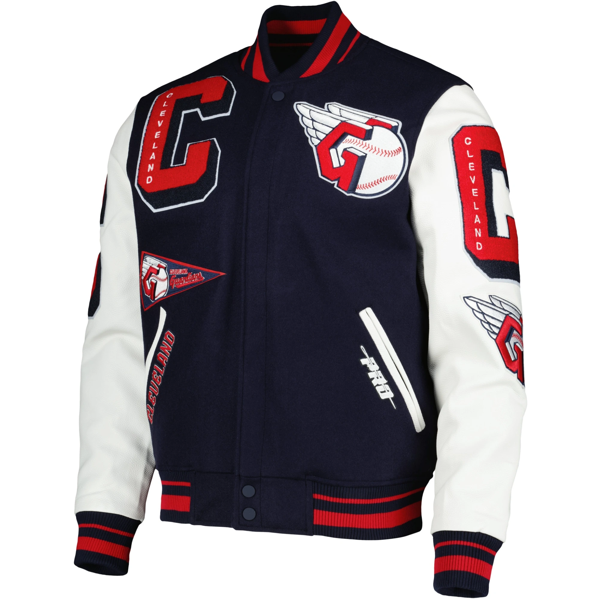 Cleveland-Guardians-Pro-Standard-Wool-Leather-Varsity-Jacket-Navy-White-leather moto 1