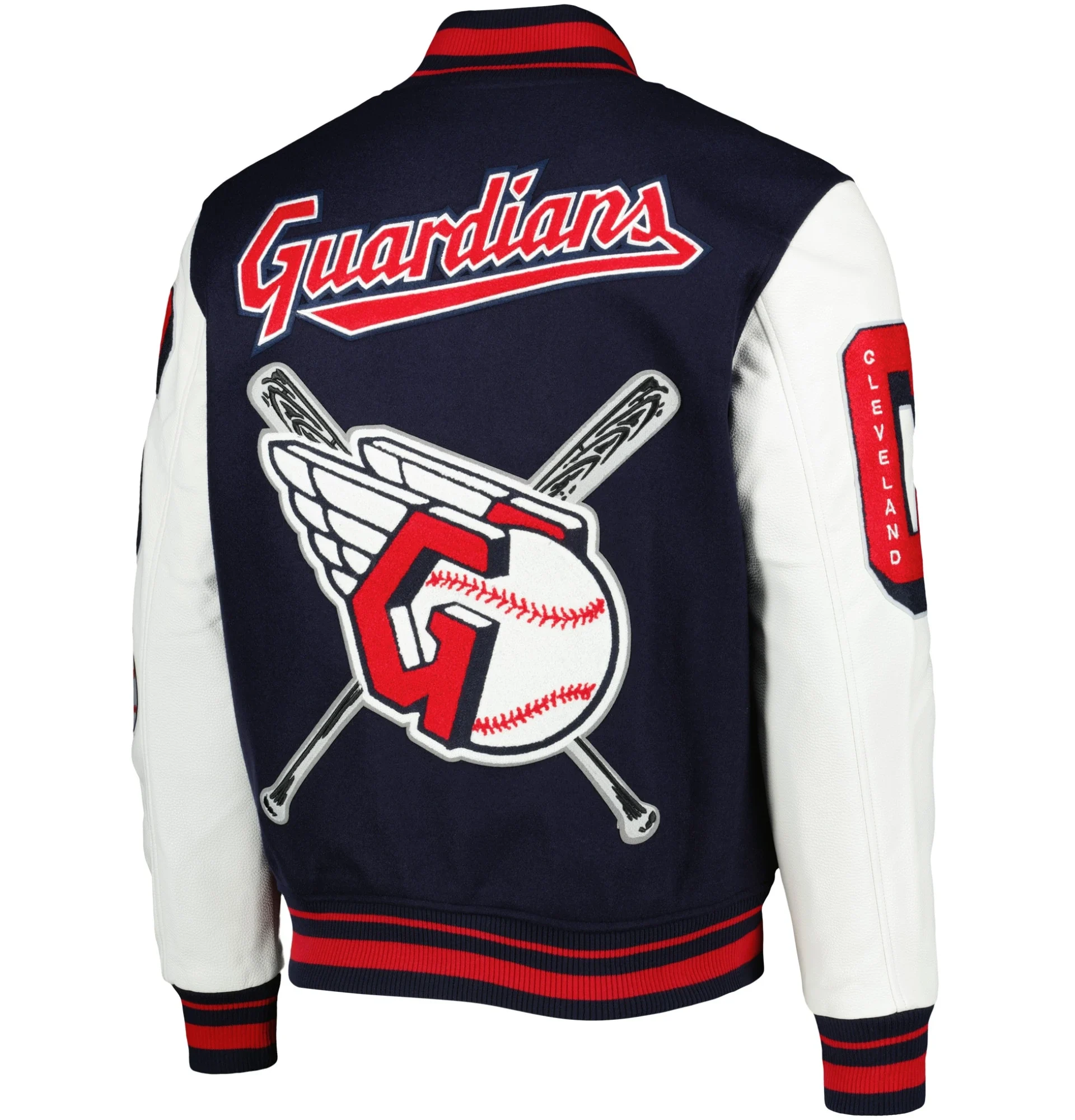 Cleveland-Guardians-Pro-Standard-Wool-Leather-Varsity-Jacket-Navy-White-leather moto 2