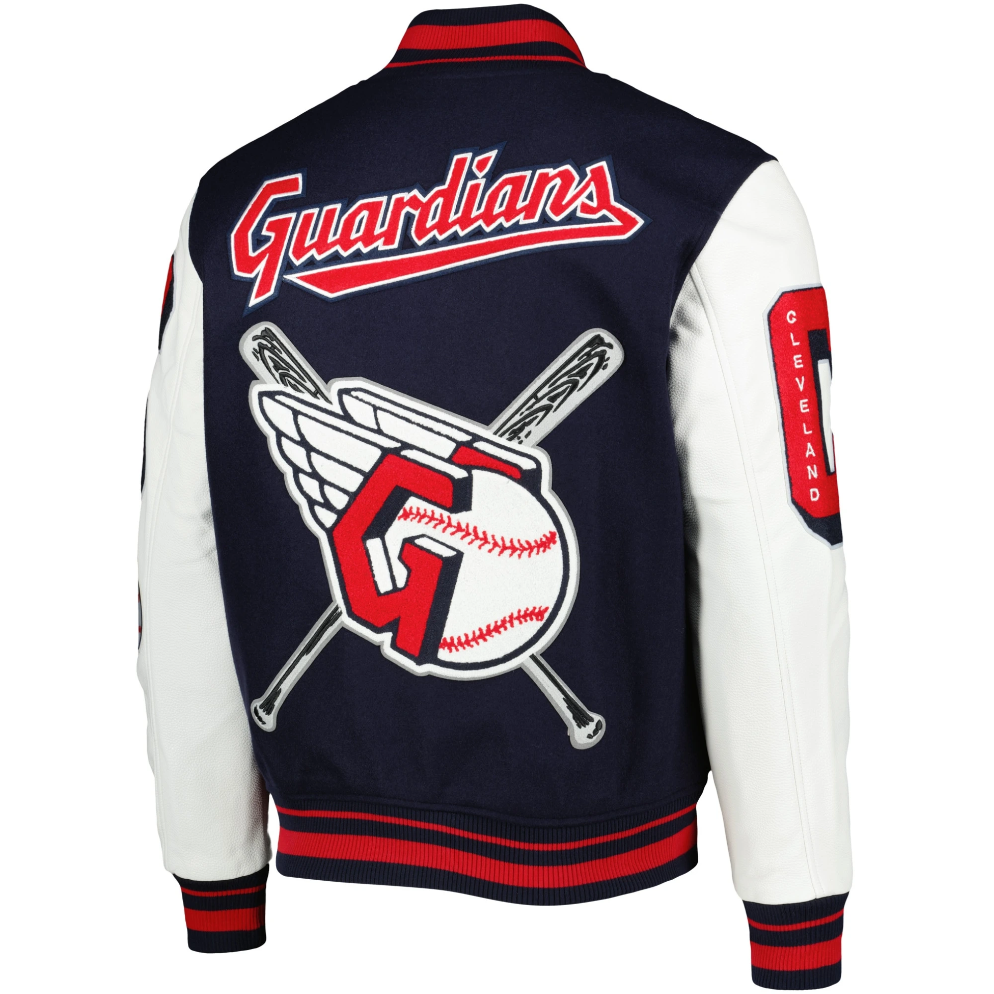 Cleveland-Guardians-Pro-Standard-Wool-Leather-Varsity-Jacket-Navy-White-leather moto 2