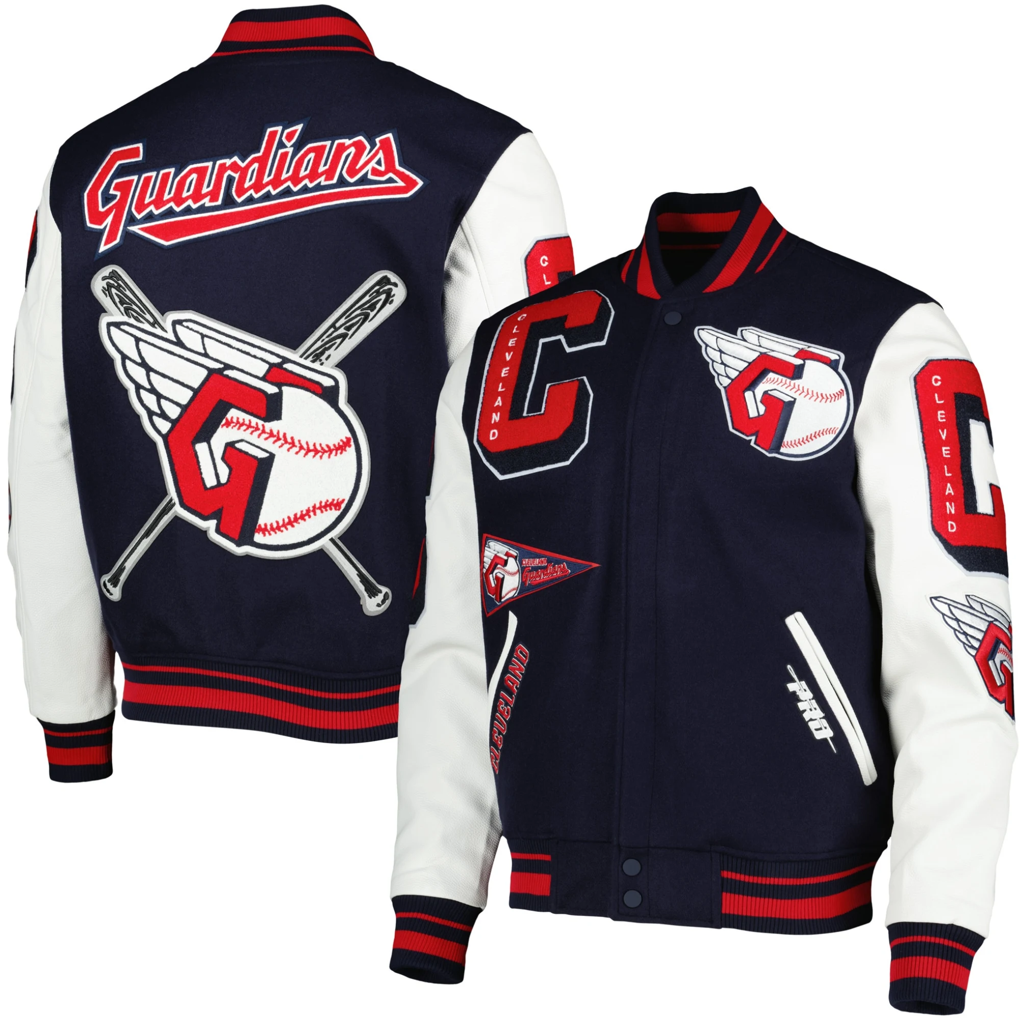 Cleveland-Guardians-Pro-Standard-Wool-Leather-Varsity-Jacket-Navy-White-leather moto 3
