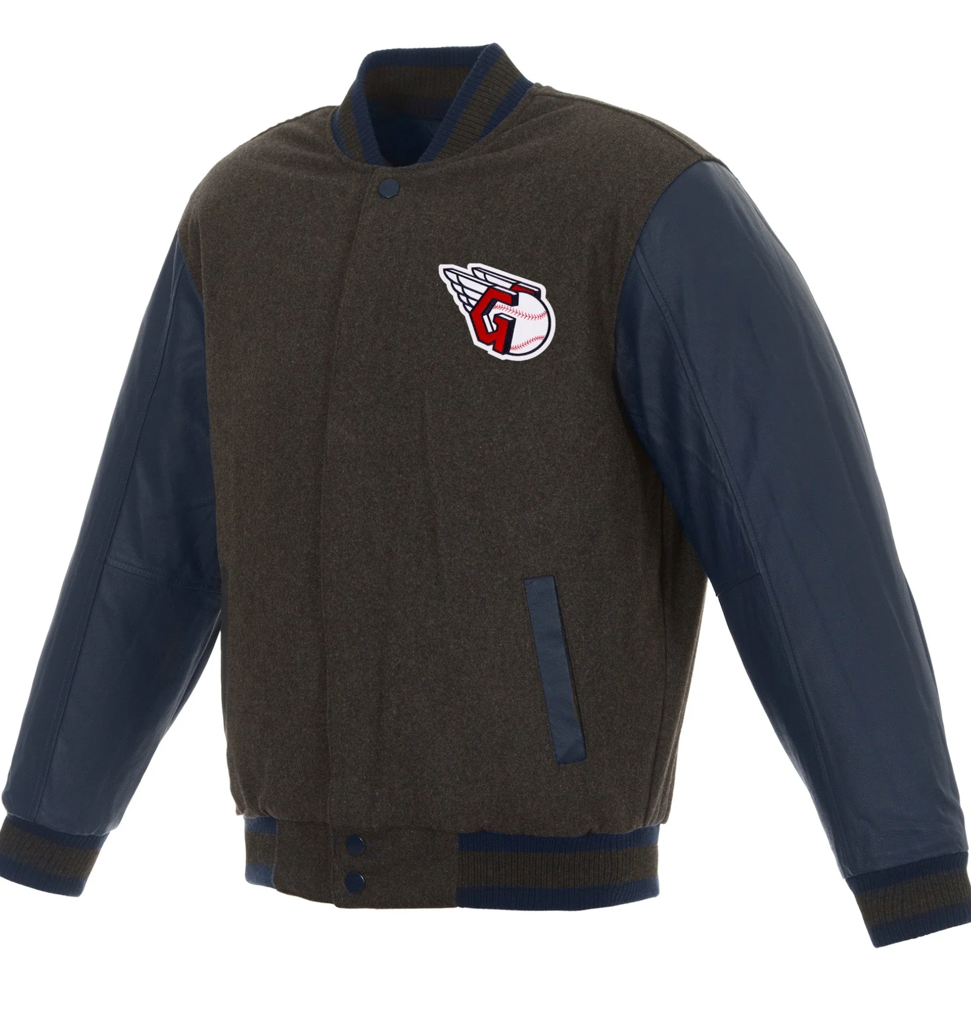Cleveland-Guardians-Reversible-Wool-Leather-Varsity-Jacket-Charcoal-Navy-leather moto 1