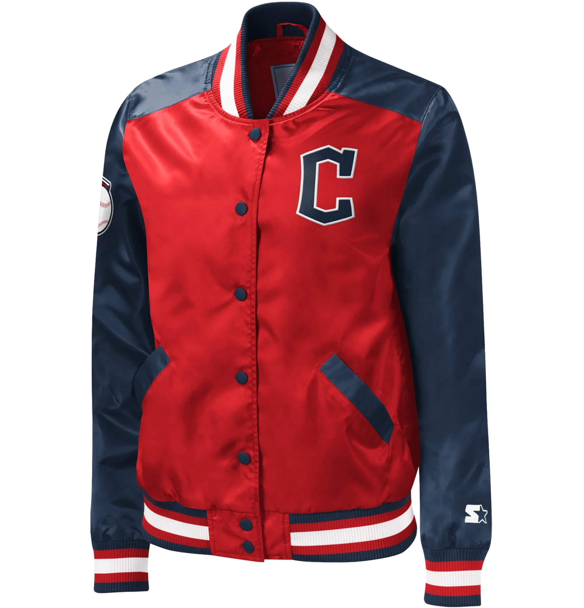 Cleveland-Guardians-Starter-Full-Snap-Satin-Varsity-Jacket-Red-Navy-leather moto 1