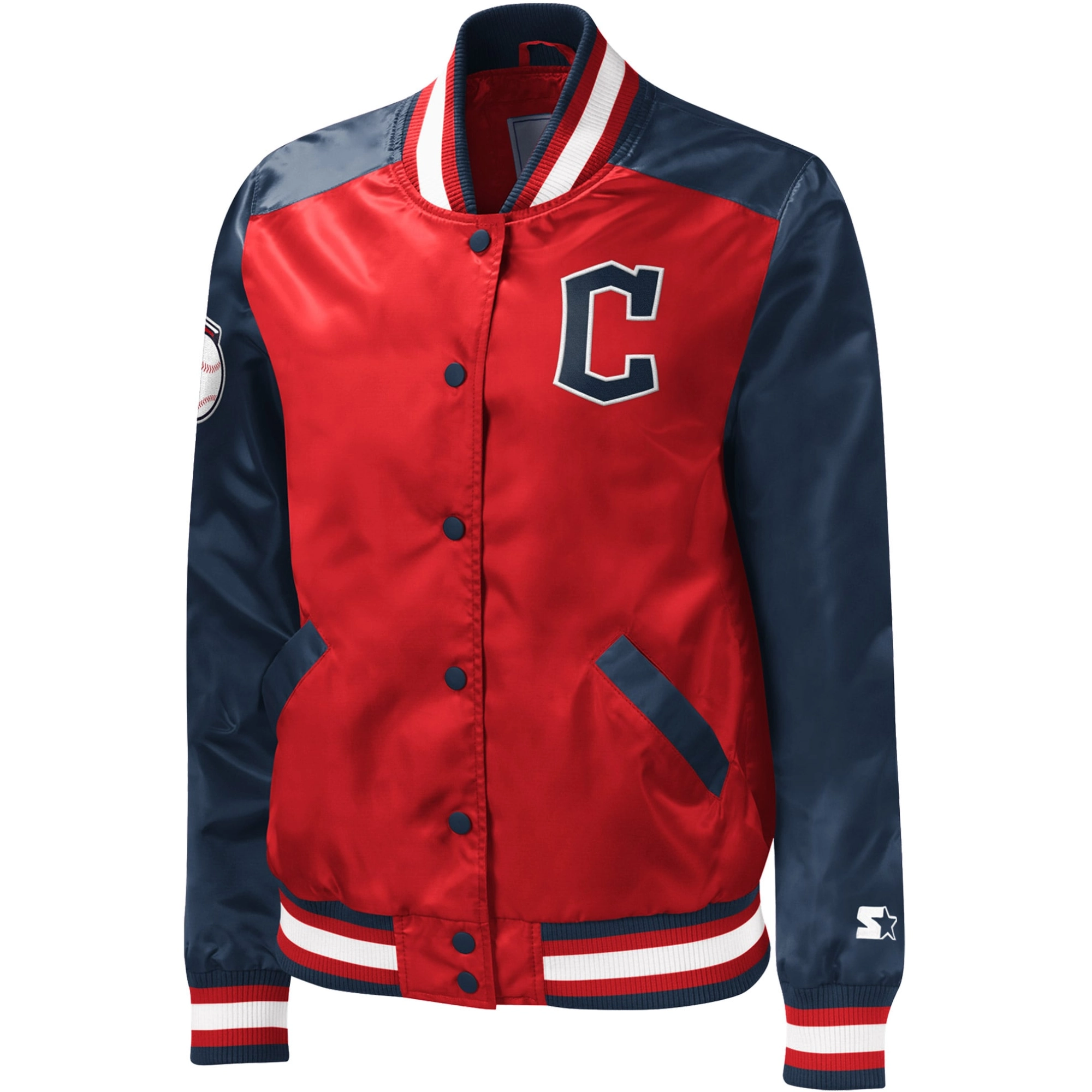 Cleveland-Guardians-Starter-Full-Snap-Satin-Varsity-Jacket-Red-Navy-leather moto 1