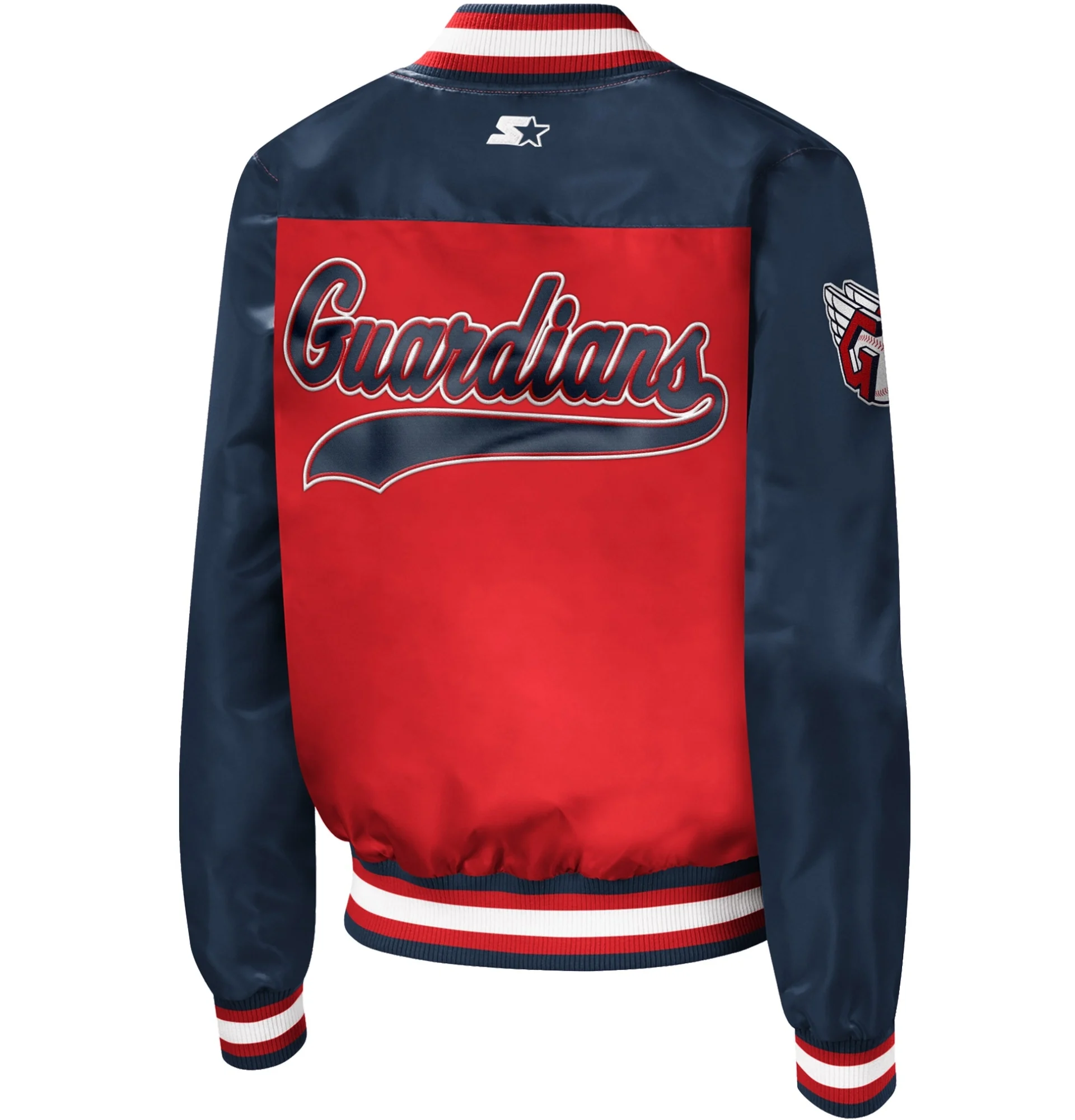 Cleveland-Guardians-Starter-Full-Snap-Satin-Varsity-Jacket-Red-Navy-leather moto 2
