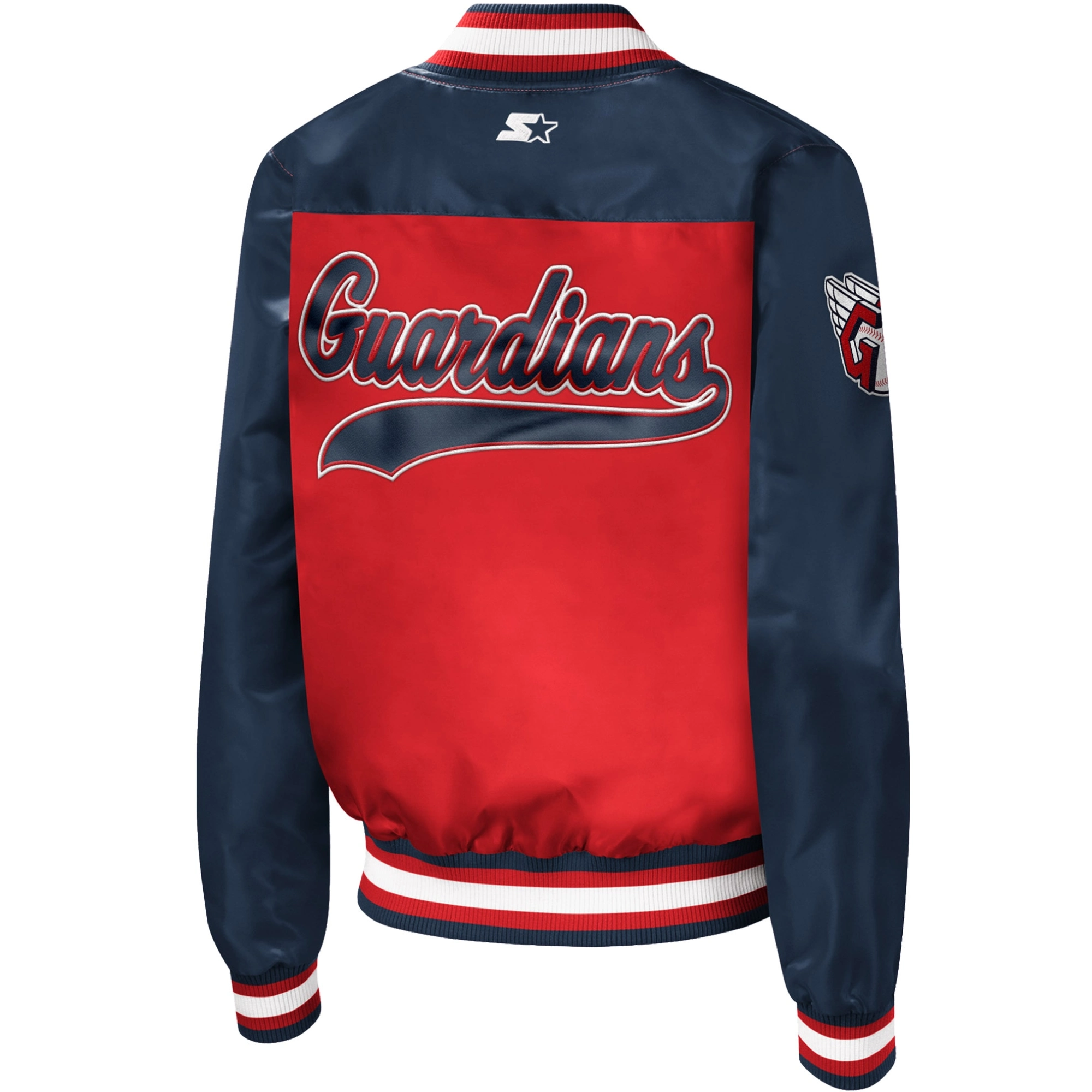 Cleveland-Guardians-Starter-Full-Snap-Satin-Varsity-Jacket-Red-Navy-leather moto 2