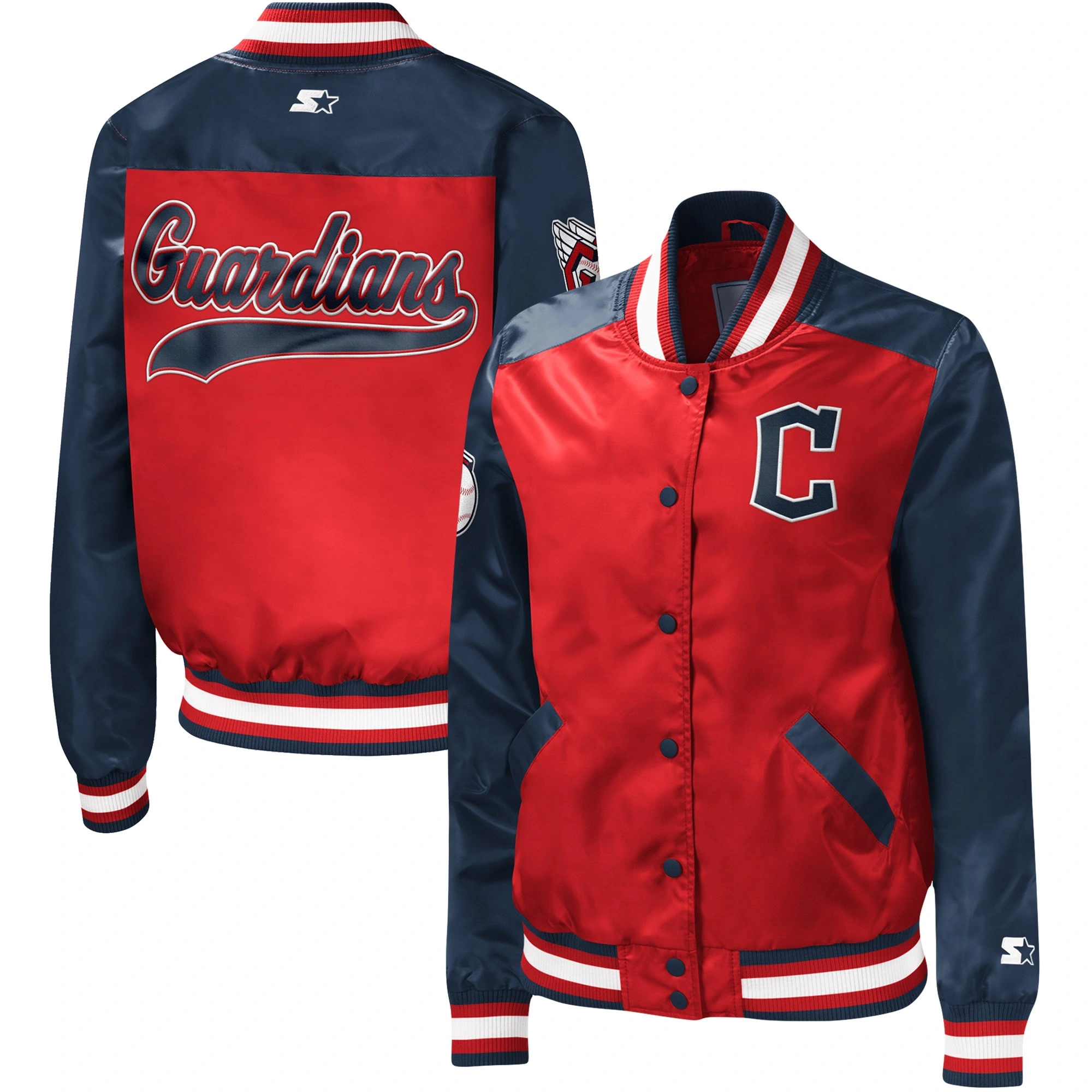 Cleveland-Guardians-Starter-Full-Snap-Satin-Varsity-Jacket-Red-Navy-leather moto 3