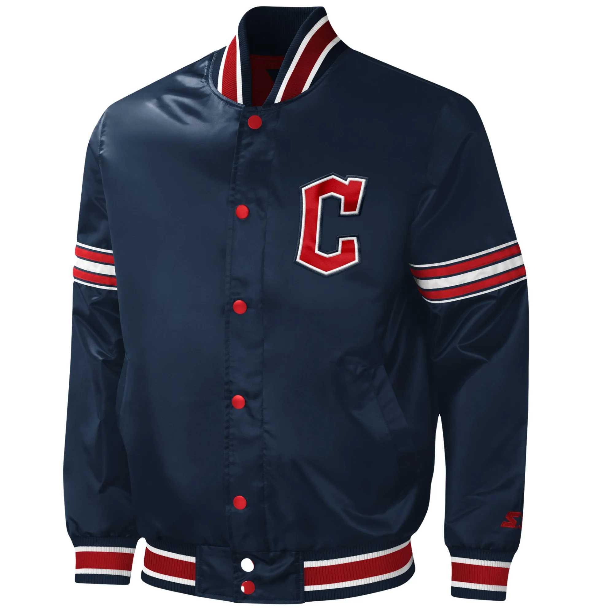 Cleveland-Guardians-Starter-Navy-Midfield-Full-Snap-Satin-Varsity-Jacket-leather moto 1