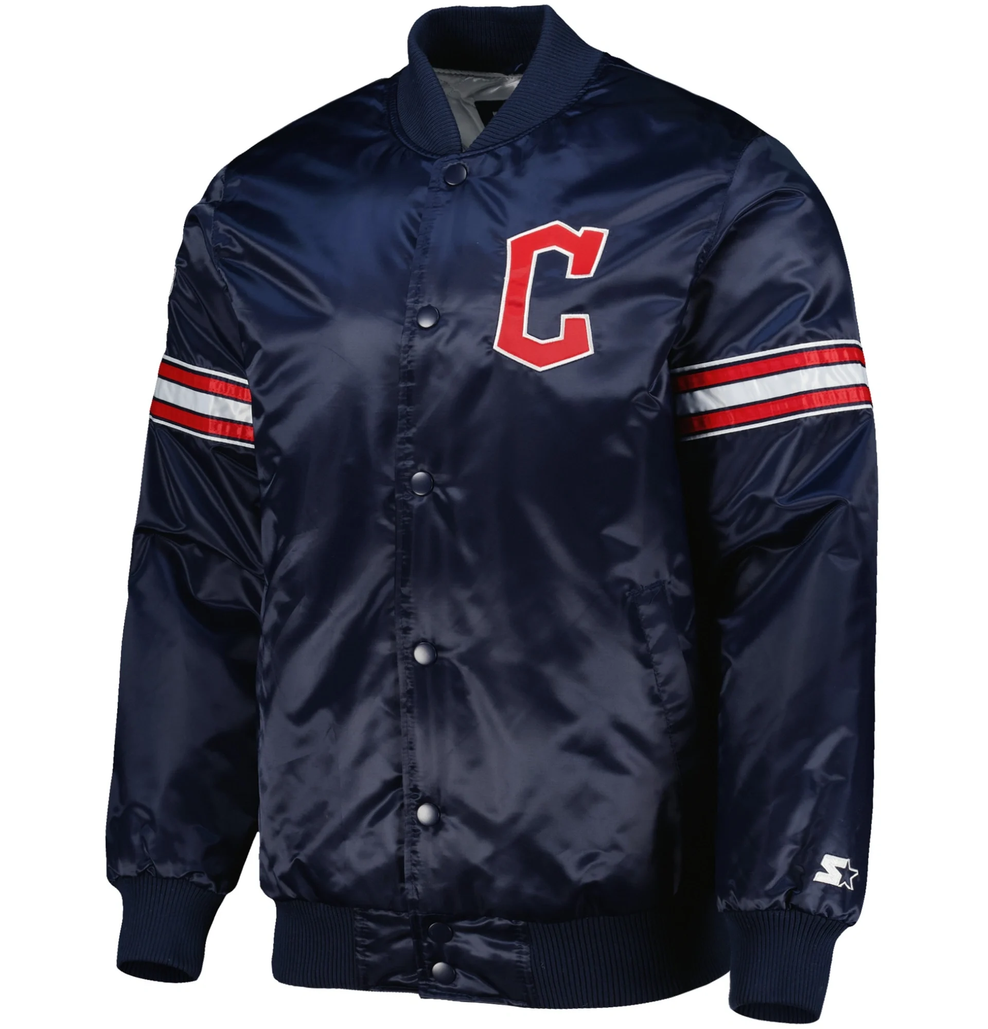Cleveland-Guardians-Starter-Navy-Pick-Roll-Full-Snap-Satin-Varsity-Jacket-leather moto 1